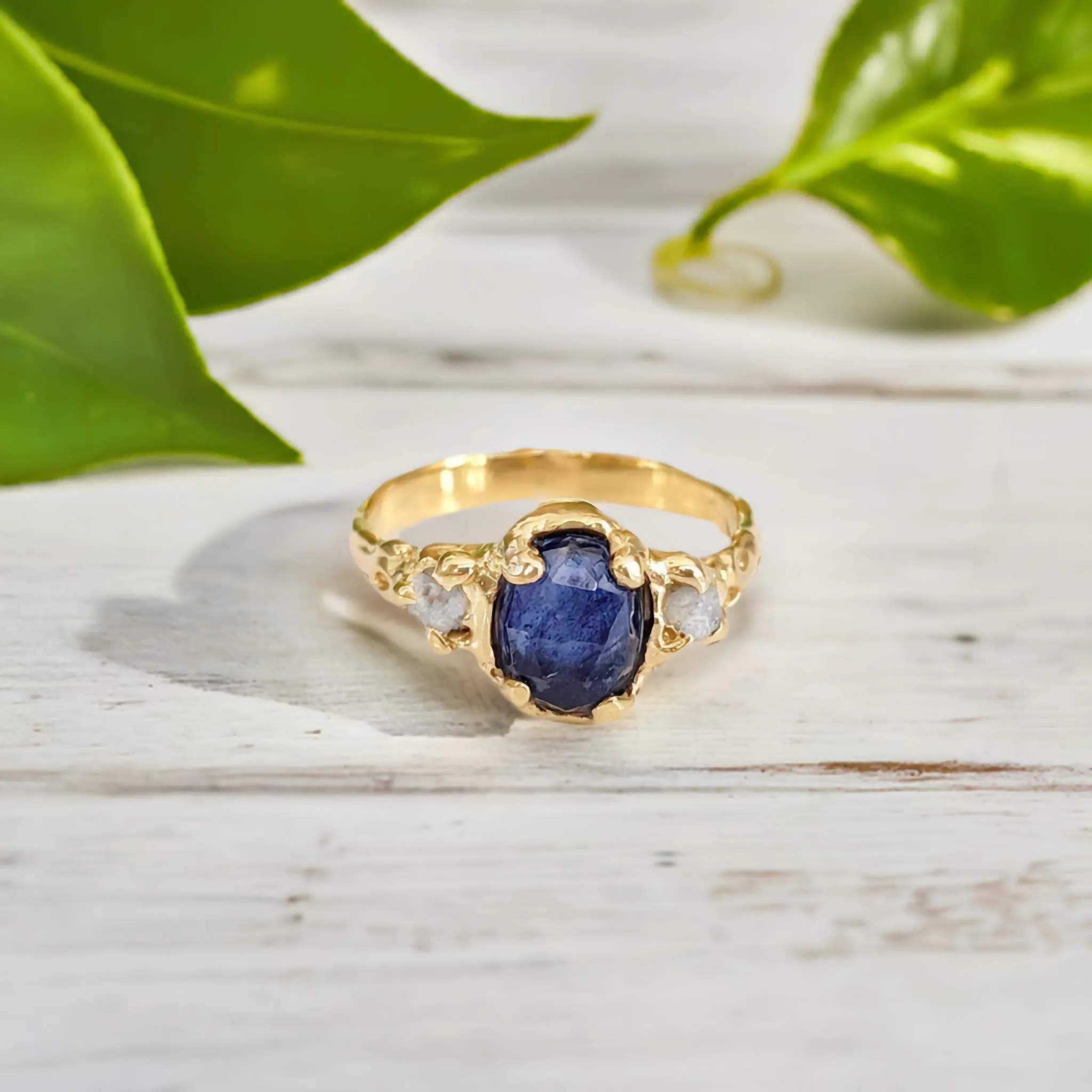 Blue Sapphire and diamond engagement ring - Solid 14k Gold textured ring