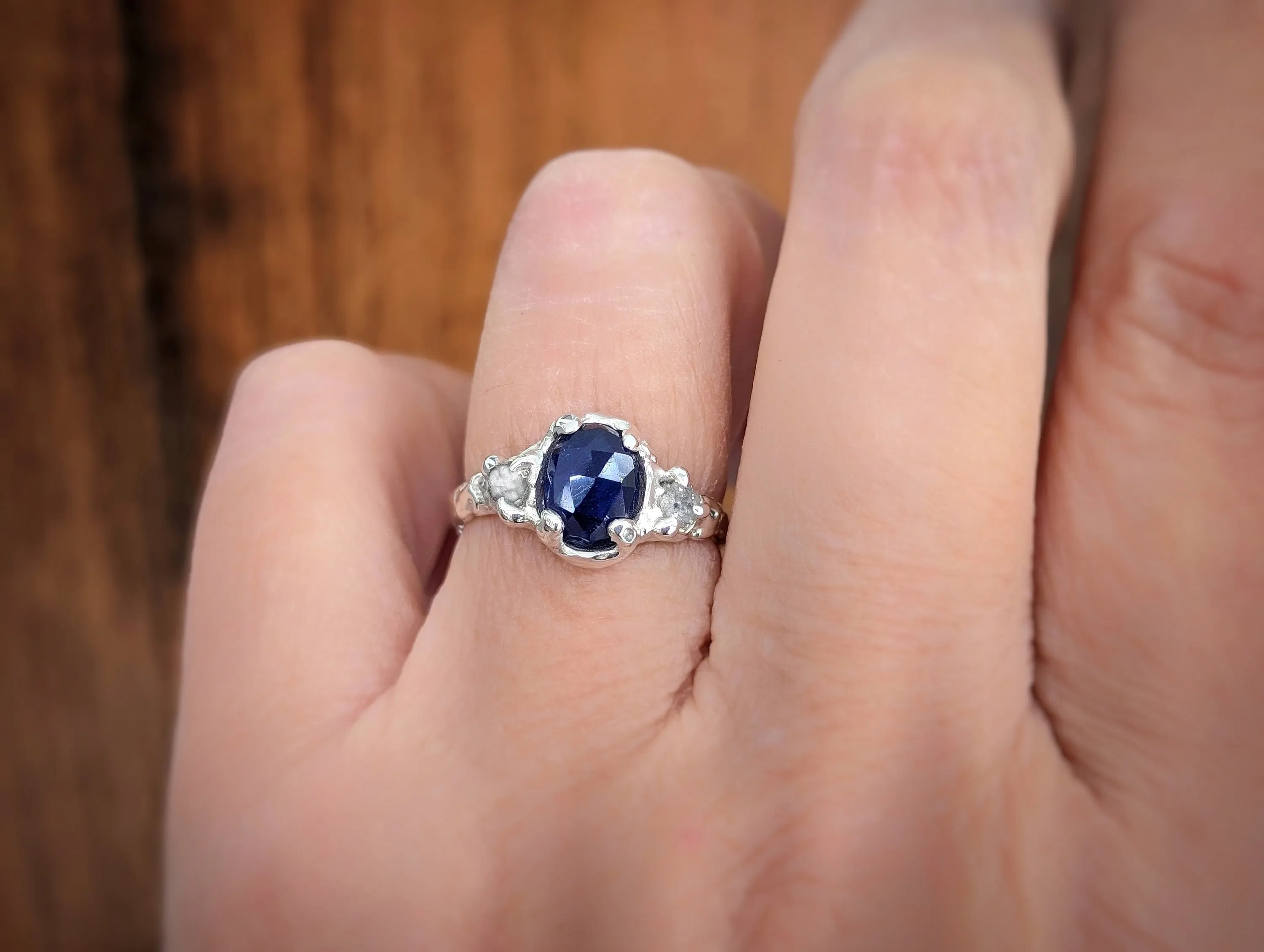 Blue Sapphire and diamond engagement ring - Solid 14k Gold textured ring