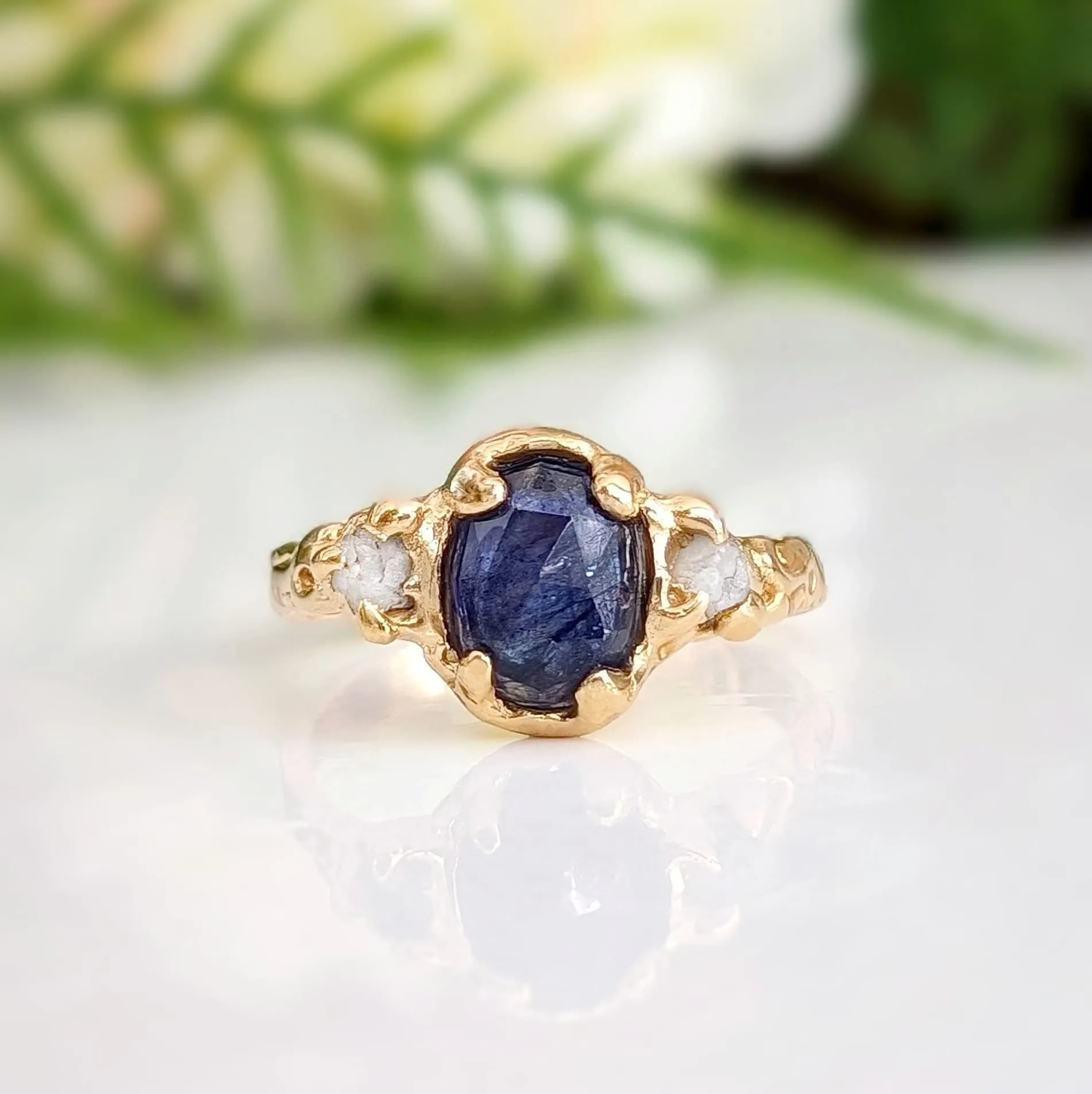 Blue Sapphire and diamond engagement ring - Solid 14k Gold textured ring