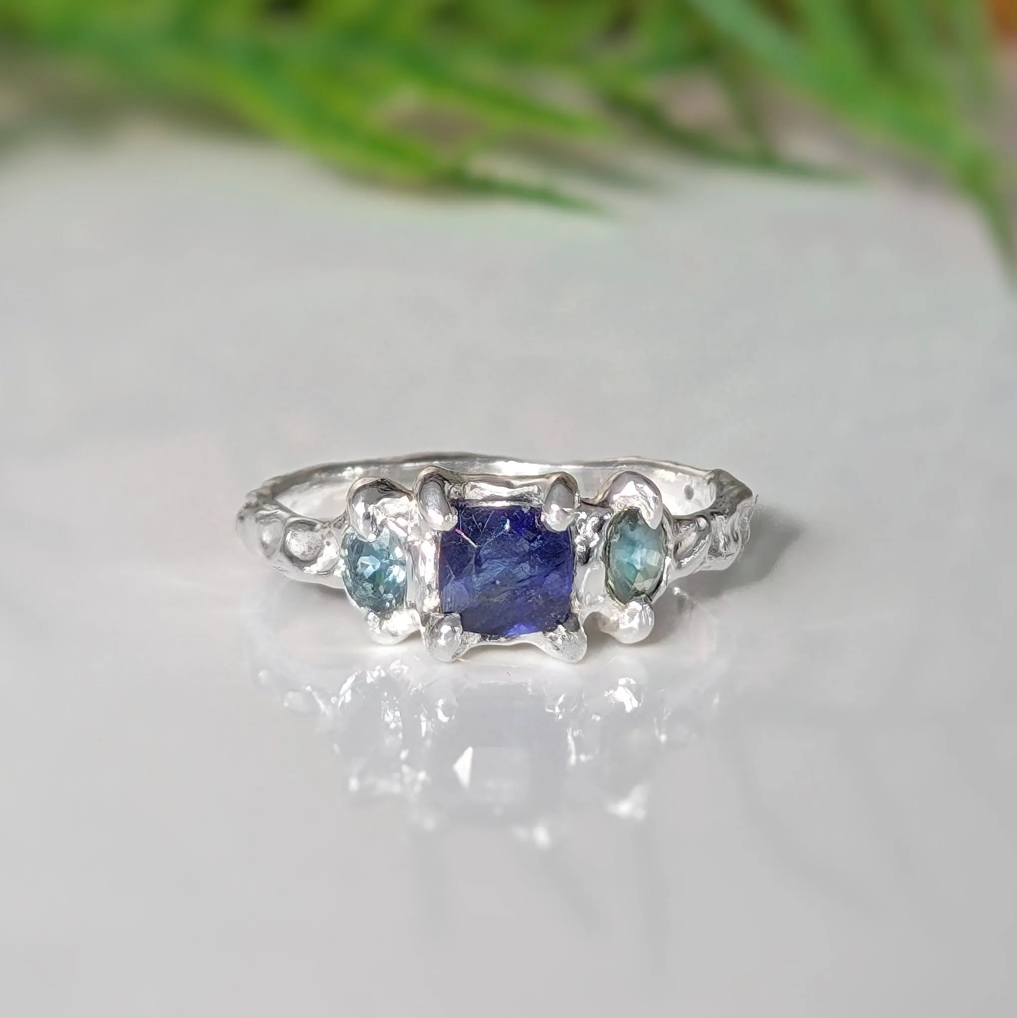 Blue Sapphire and Tourmaline engagement ring in Solid 14k Gold