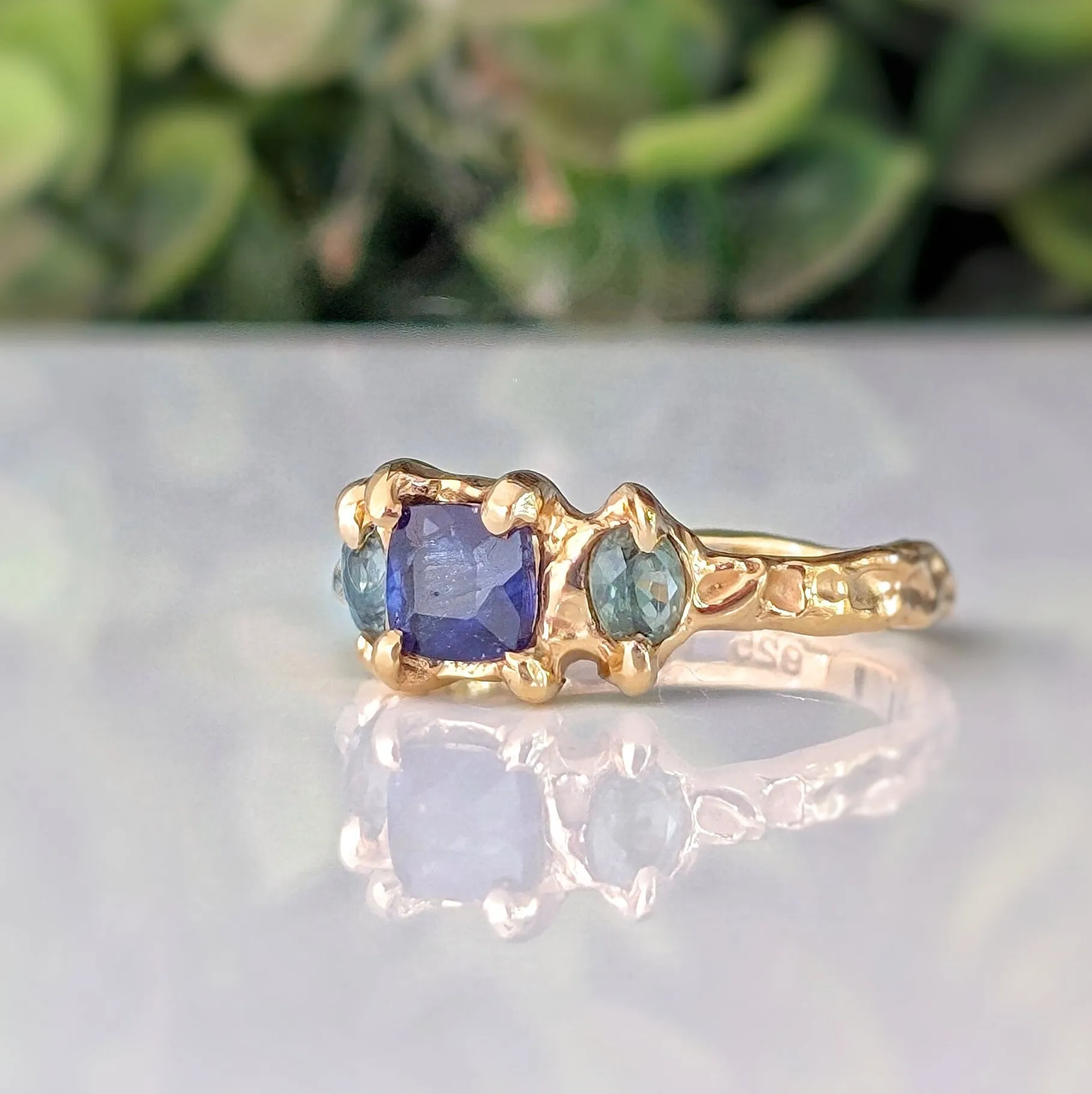 Blue Sapphire and Tourmaline engagement ring in Solid 14k Gold
