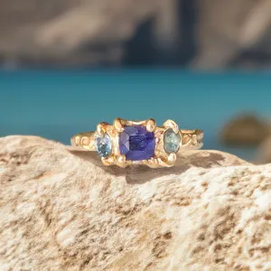 Blue Sapphire and Tourmaline engagement ring in Solid 14k Gold