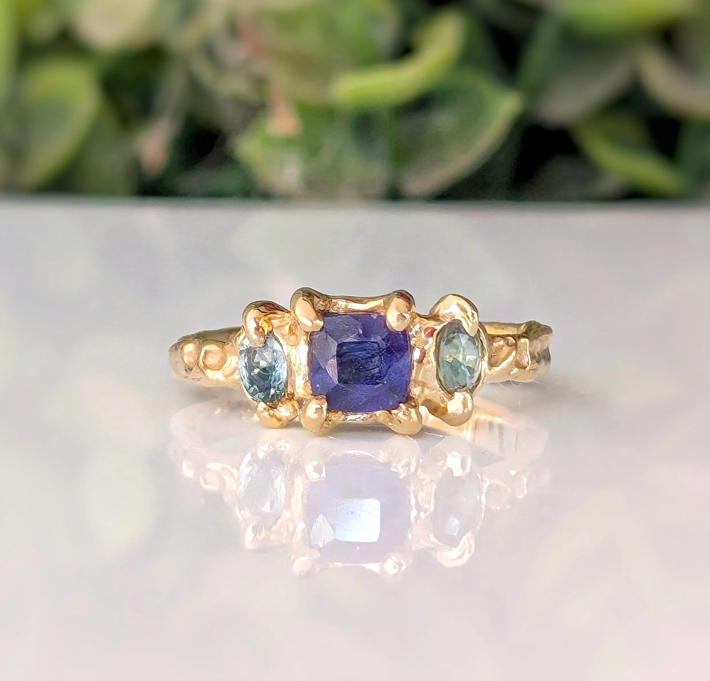 Blue Sapphire and Tourmaline engagement ring in Solid 14k Gold