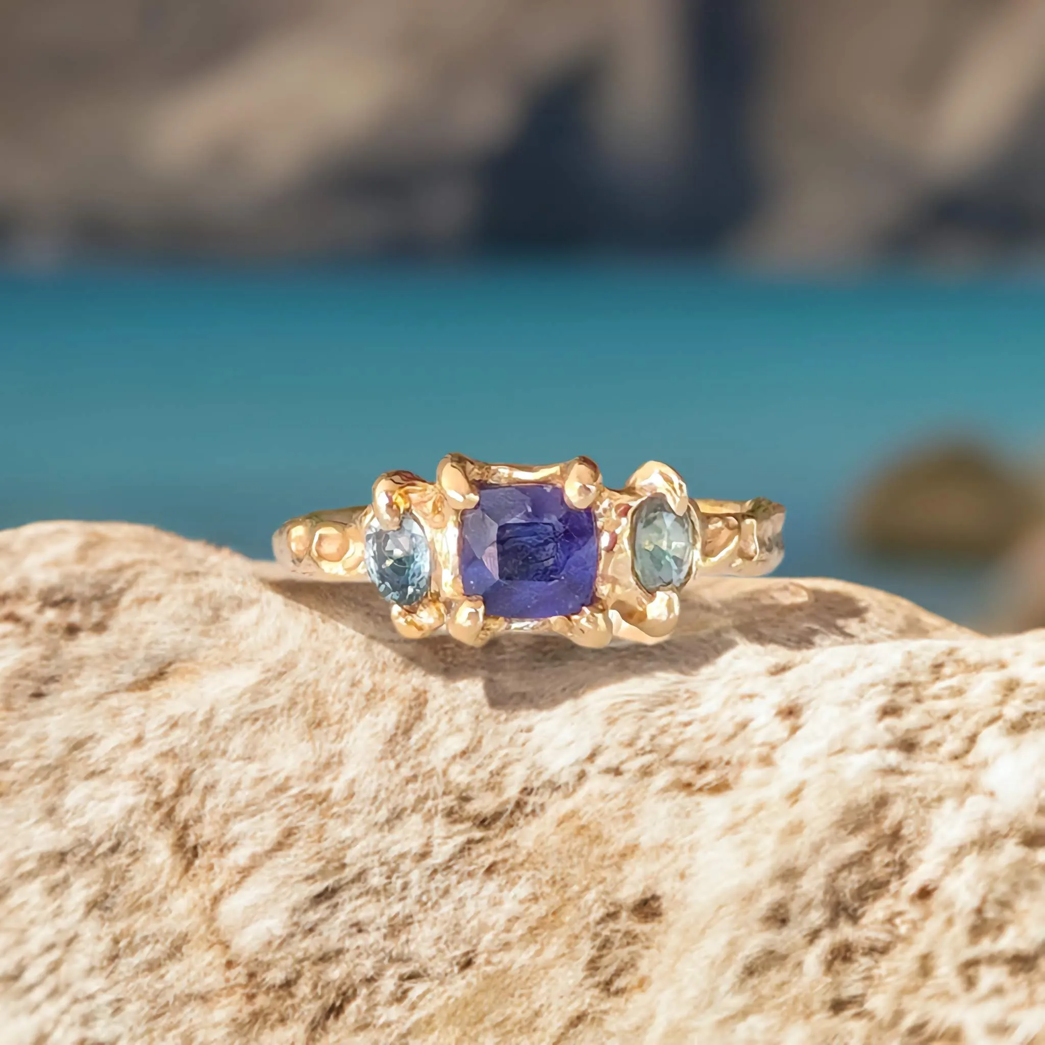 Blue Sapphire and Tourmaline engagement ring in Solid 14k Gold
