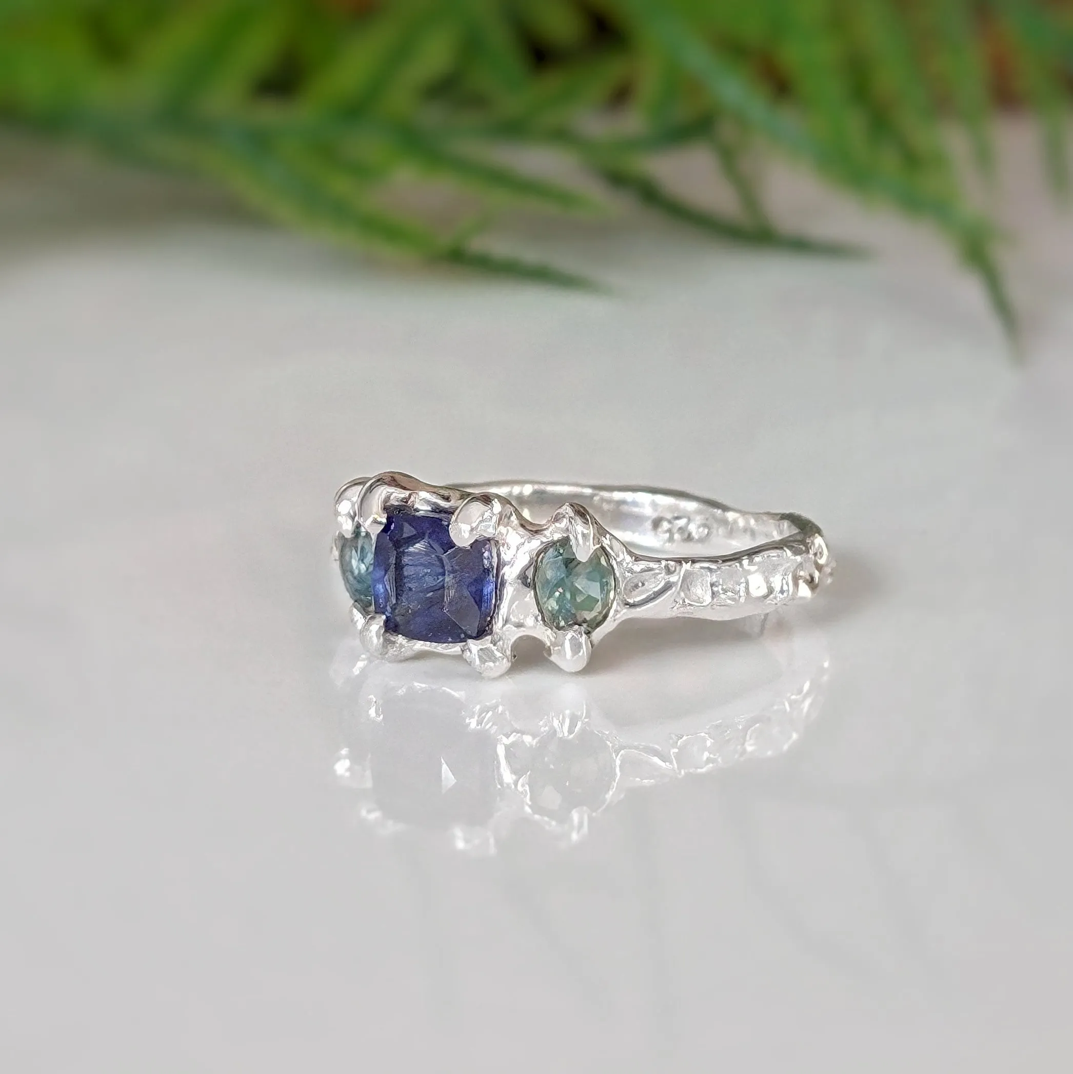 Blue Sapphire and Tourmaline engagement ring in Solid 14k Gold