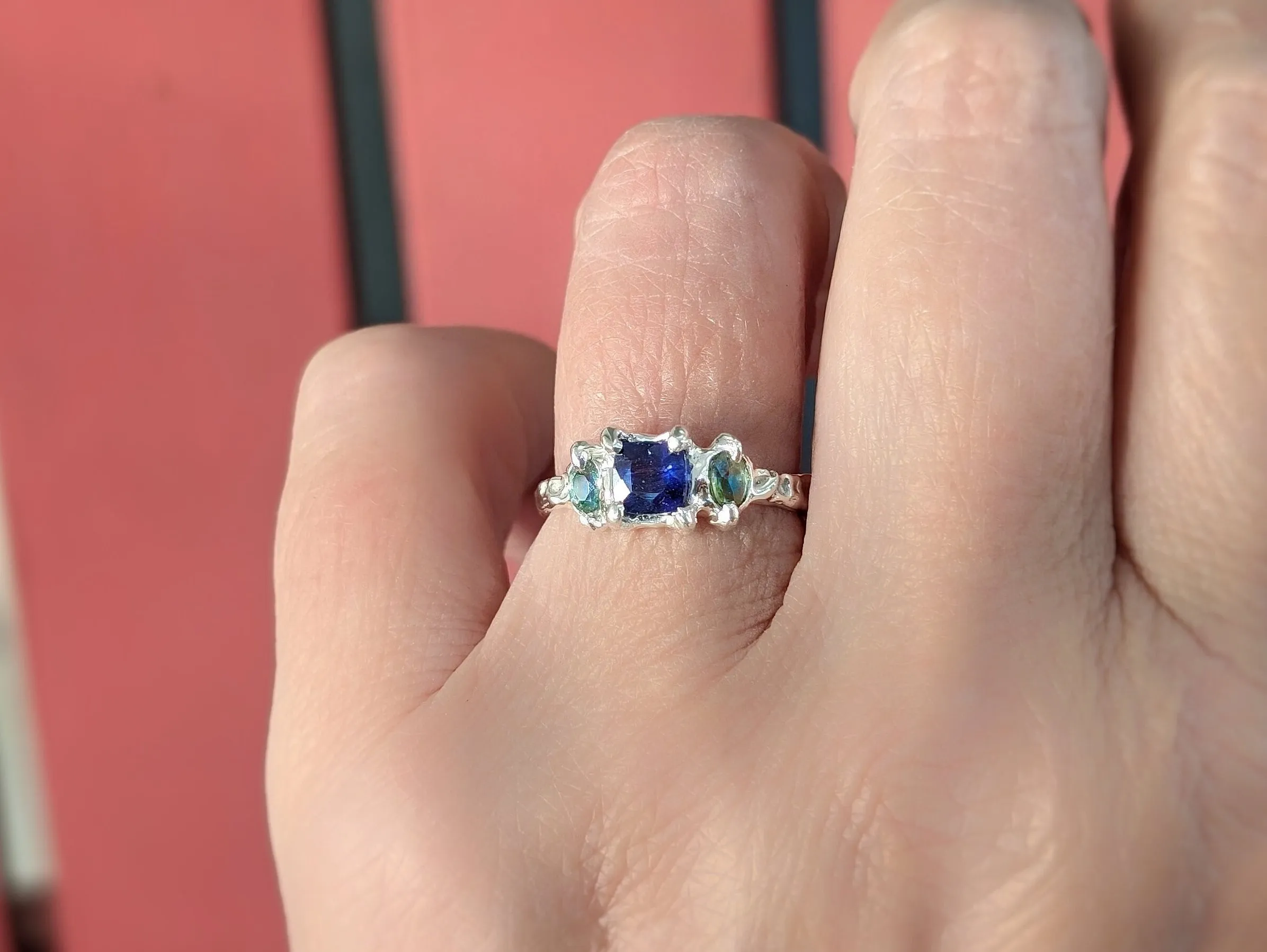 Blue Sapphire and Tourmaline engagement ring in Solid 14k Gold