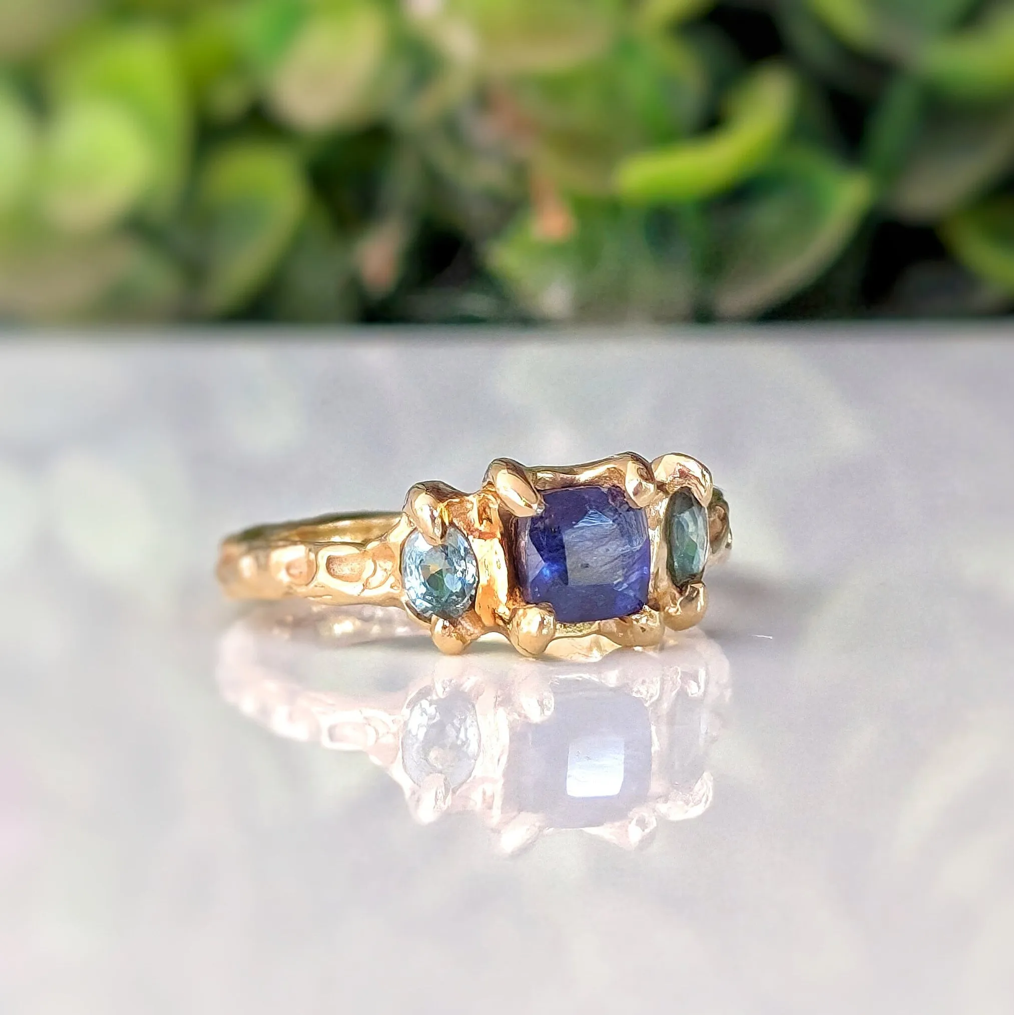 Blue Sapphire and Tourmaline engagement ring in Solid 14k Gold