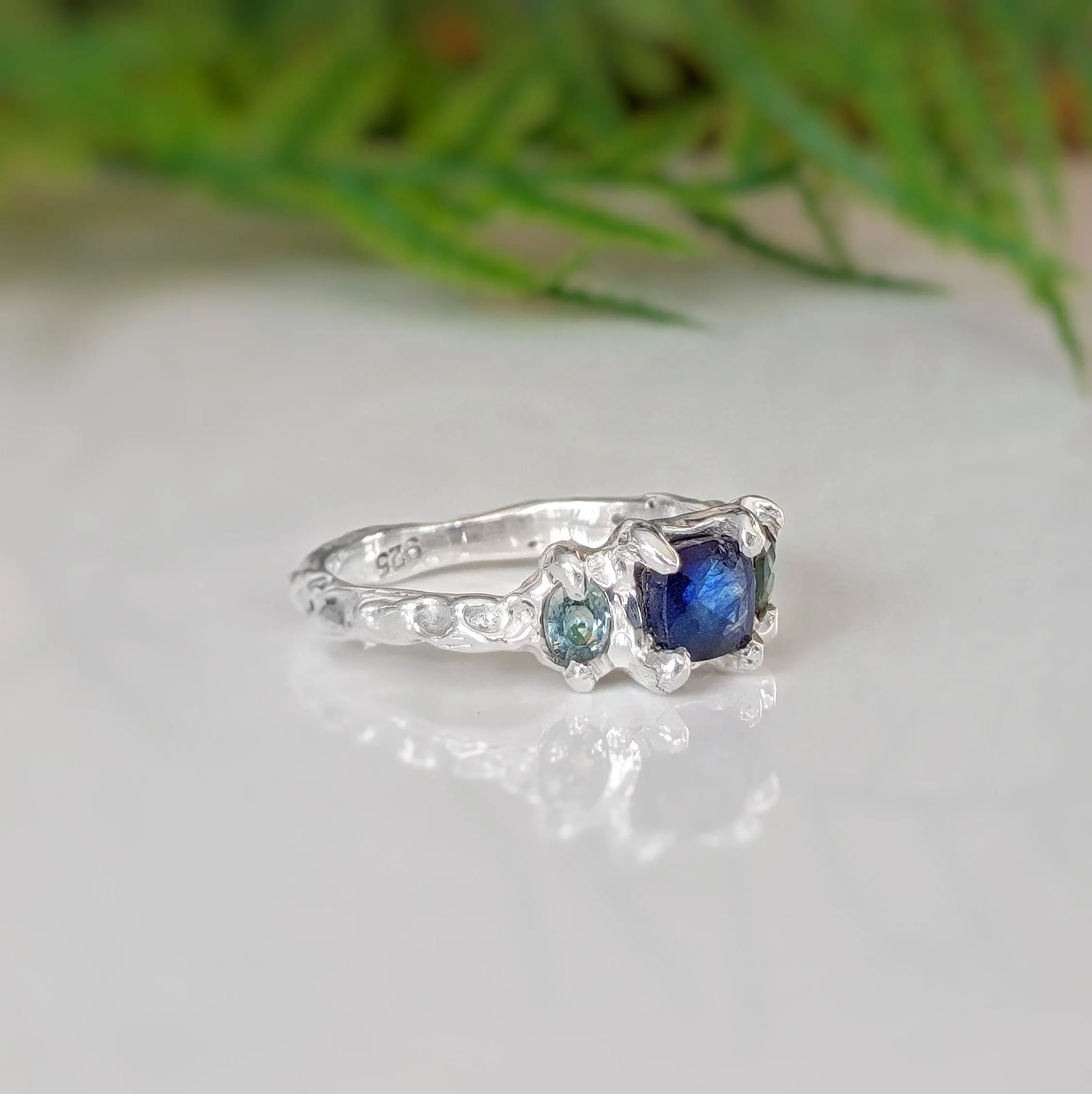 Blue Sapphire and Tourmaline engagement ring in Solid 14k Gold