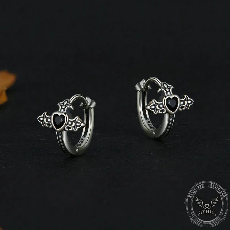 Budded Cross Heart Zircon Sterling Silver Earrings