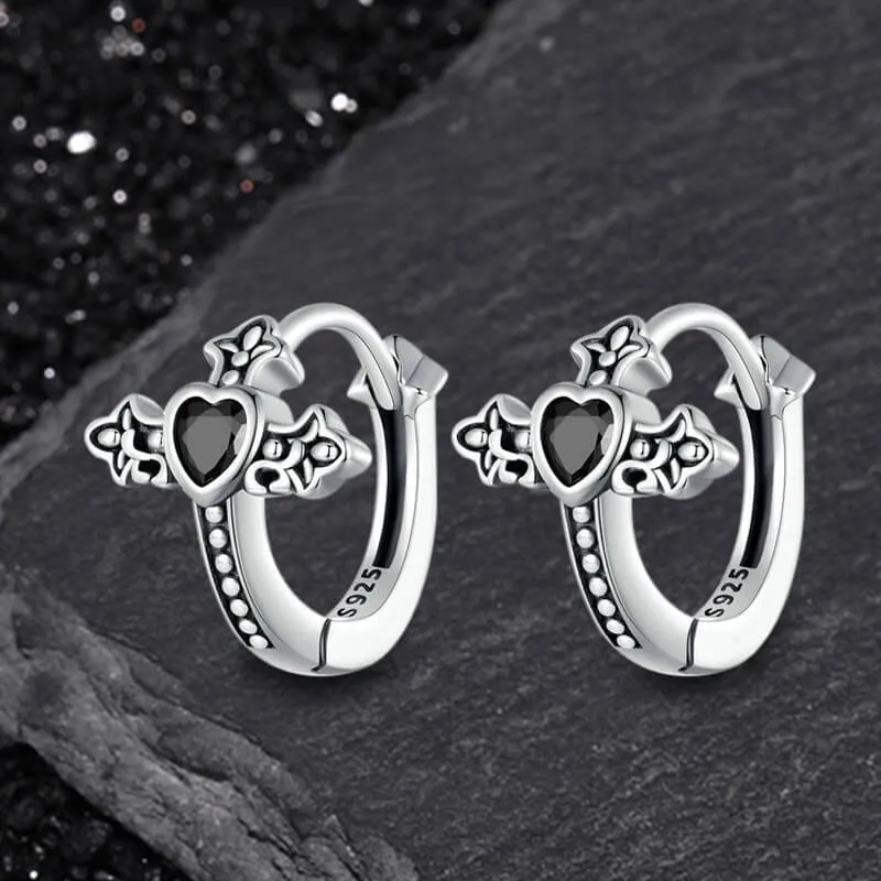Budded Cross Heart Zircon Sterling Silver Earrings