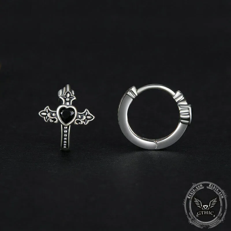 Budded Cross Heart Zircon Sterling Silver Earrings
