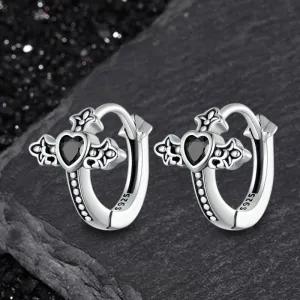 Budded Cross Heart Zircon Sterling Silver Earrings