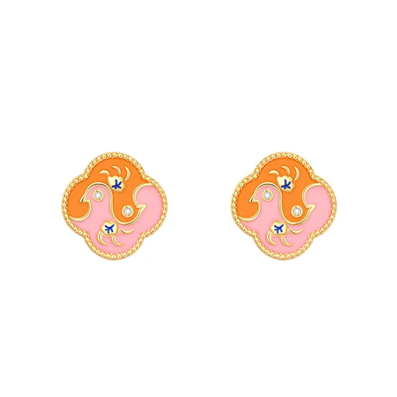 Buddha Stones 18K Gold Plated Copper Two Birds Zircon Healing Necklace Pendant Bracelet Earrings Set