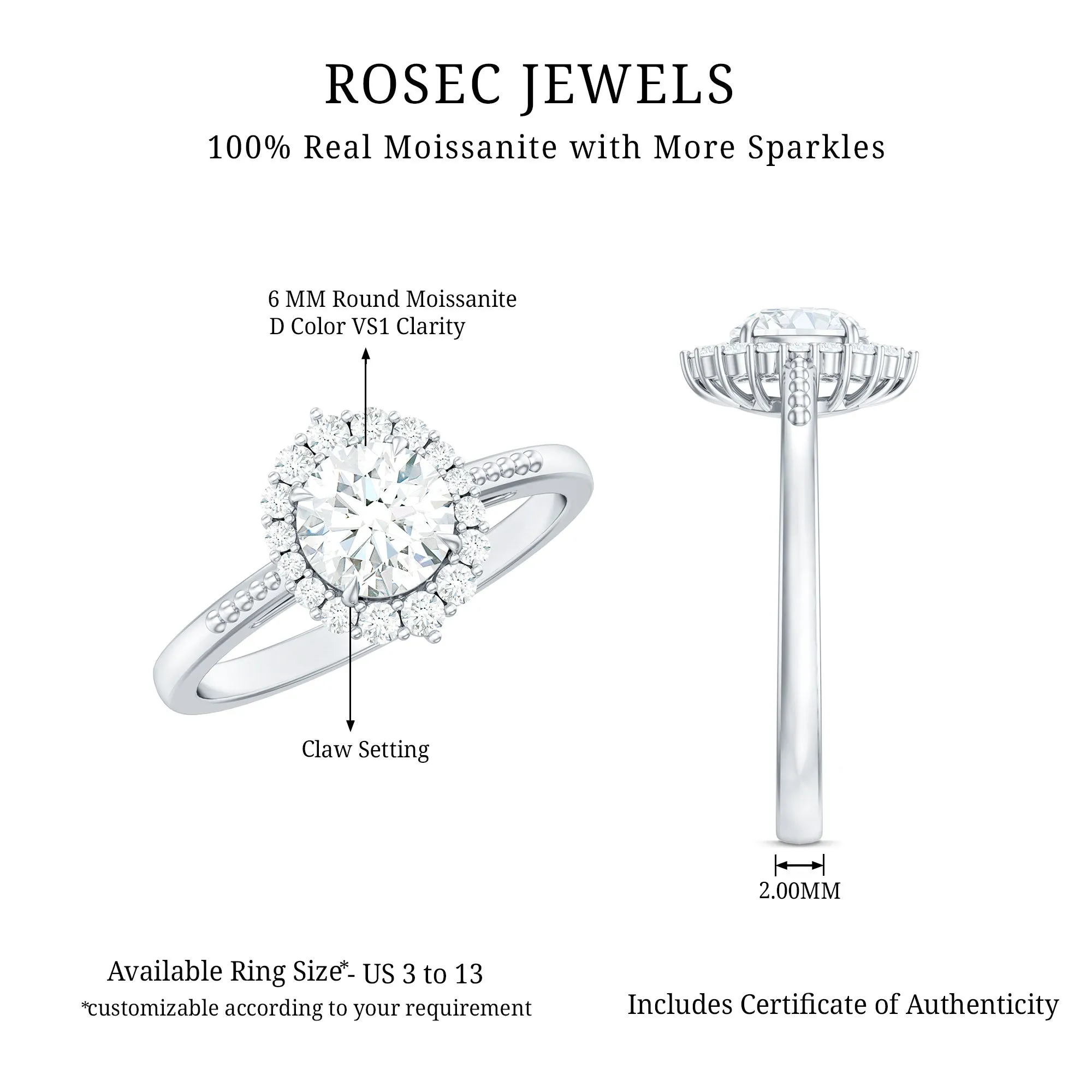 Certified Moissanite Halo Engagement Ring