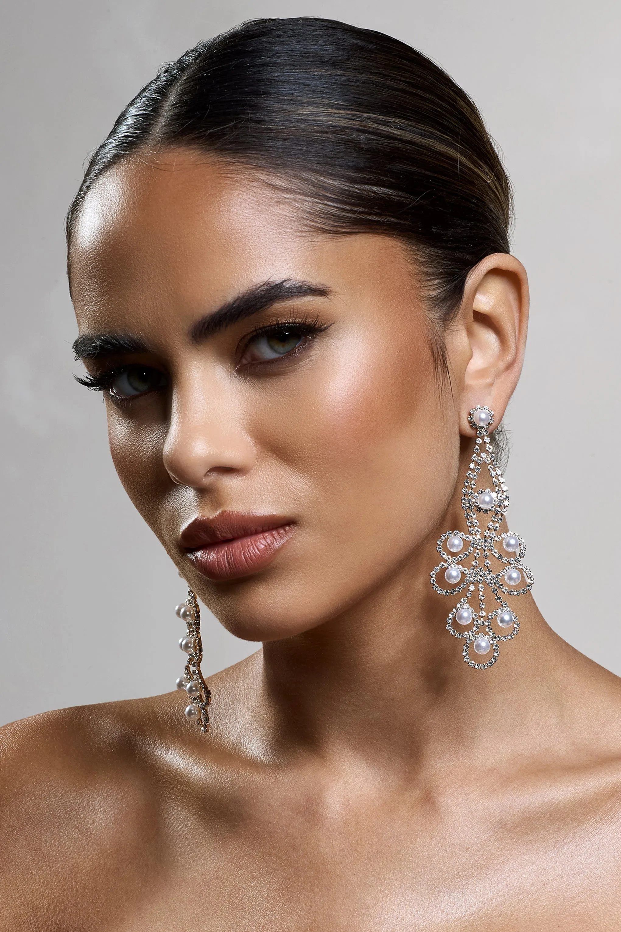 Chandelier | Gold Diamante Pearl Statement Earrings