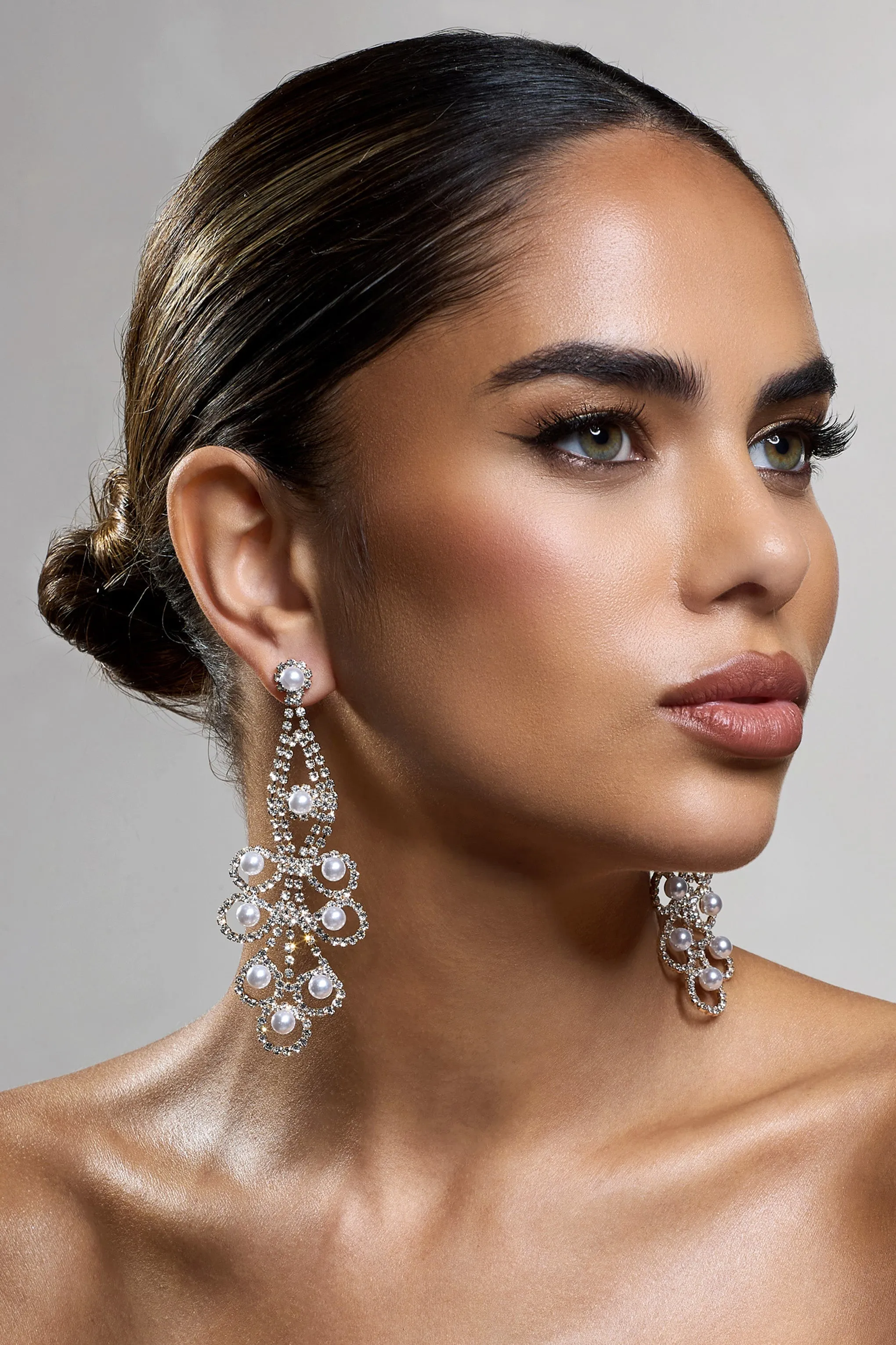 Chandelier | Gold Diamante Pearl Statement Earrings