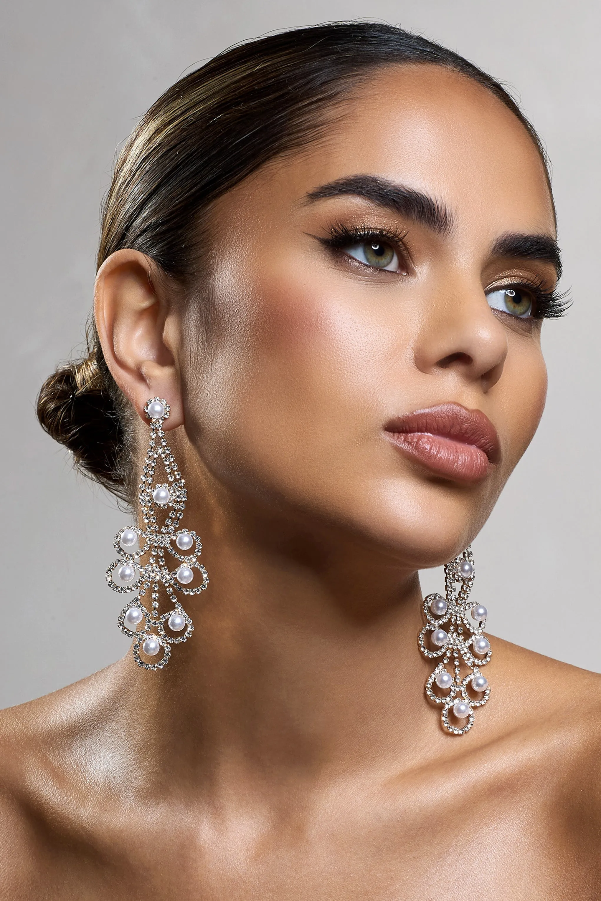 Chandelier | Gold Diamante Pearl Statement Earrings