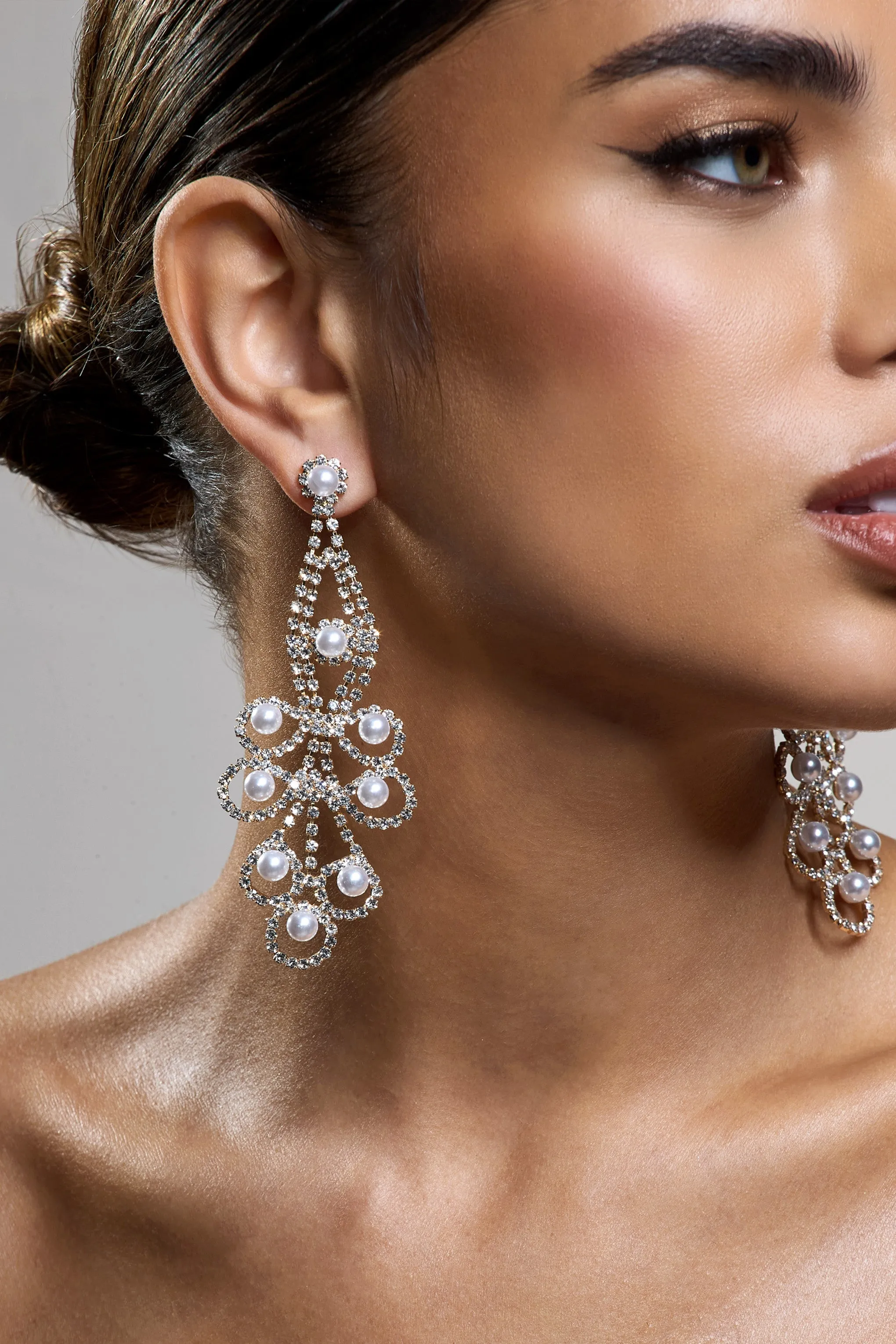 Chandelier | Gold Diamante Pearl Statement Earrings