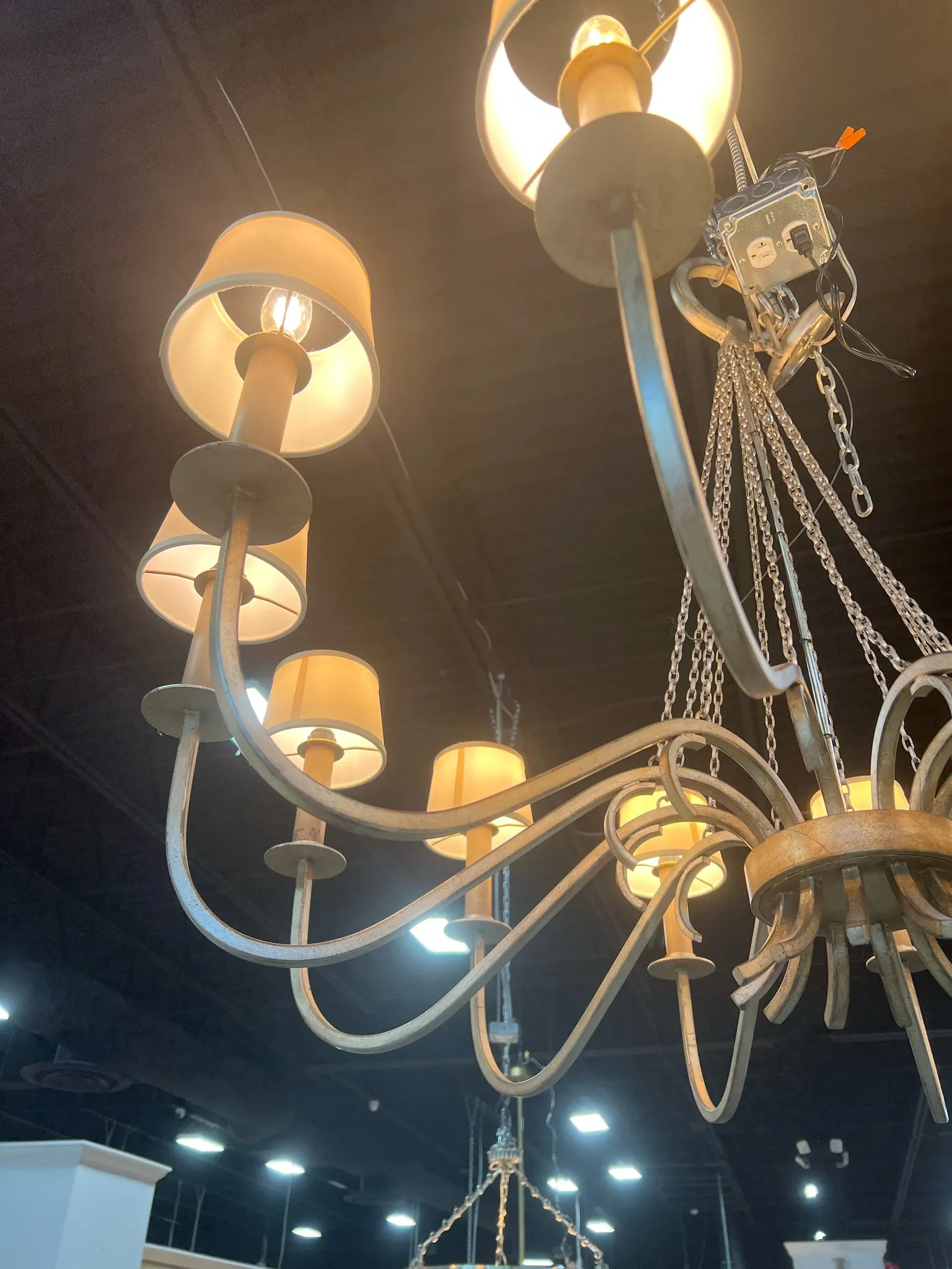 CHANDERLER 12 ARM ANTIQUE SILVER FINISH CREAM SHADES