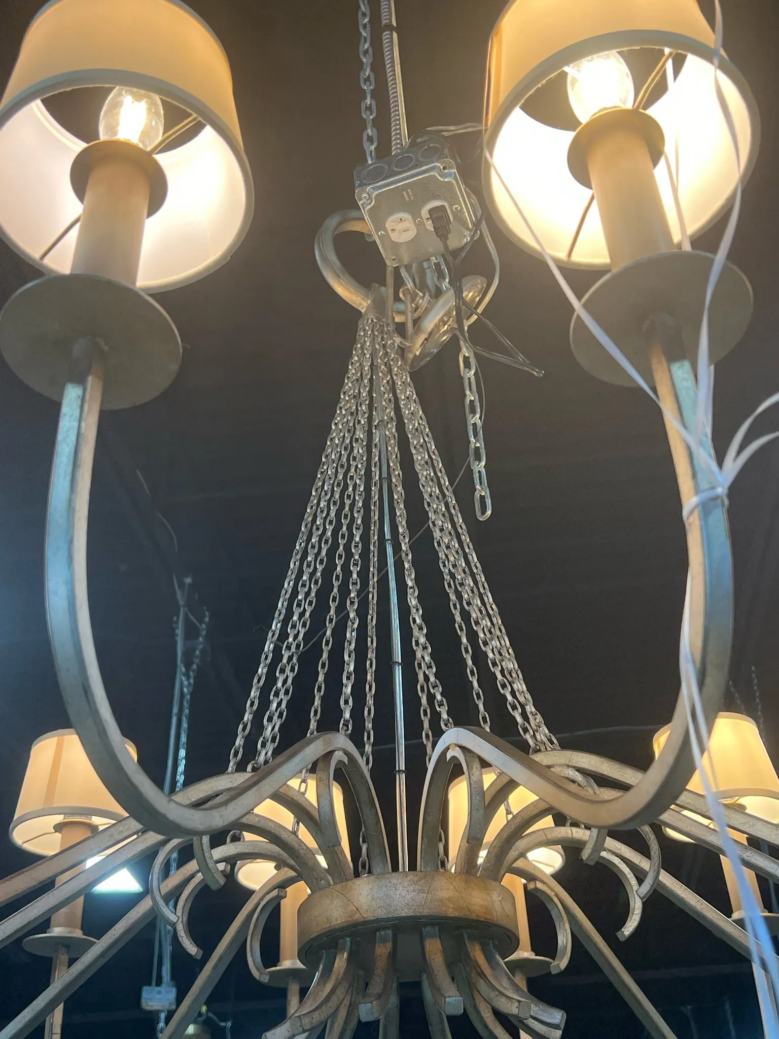 CHANDERLER 12 ARM ANTIQUE SILVER FINISH CREAM SHADES