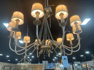 CHANDERLER 12 ARM ANTIQUE SILVER FINISH CREAM SHADES