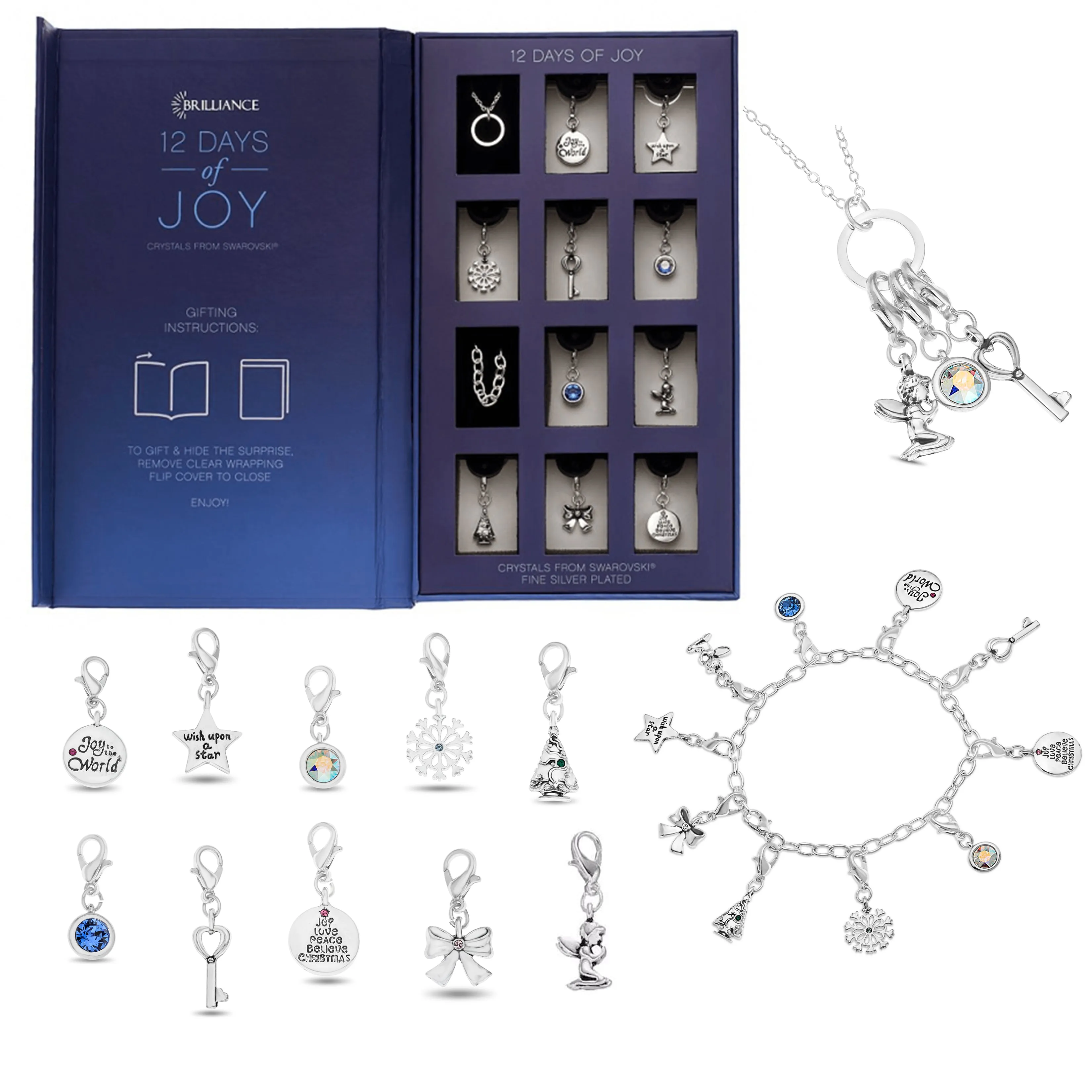 Christmas Advent Calendar Girls Bracelet Necklace Silver Jewelry Charms Swarovski Crystals Age 4 - 14 Years