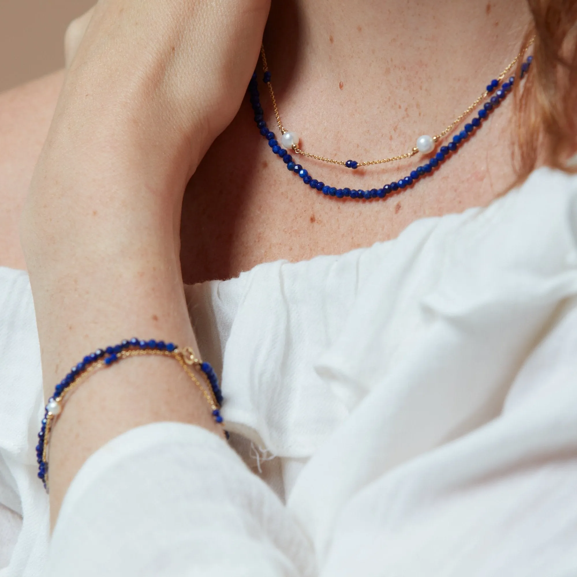 Clara fine double chain bracelet with cultured freshwater pearls & lapis lazuli