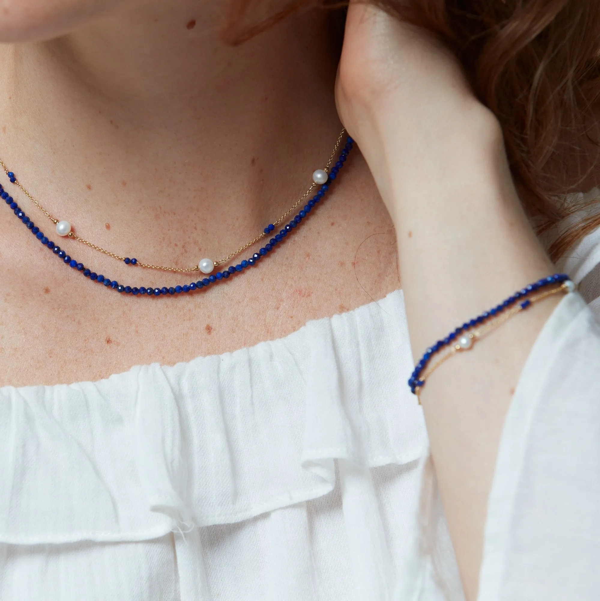 Clara fine double chain bracelet with cultured freshwater pearls & lapis lazuli