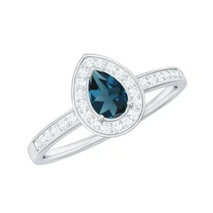 Classic London Blue Topaz Engagement Ring with Diamond Halo