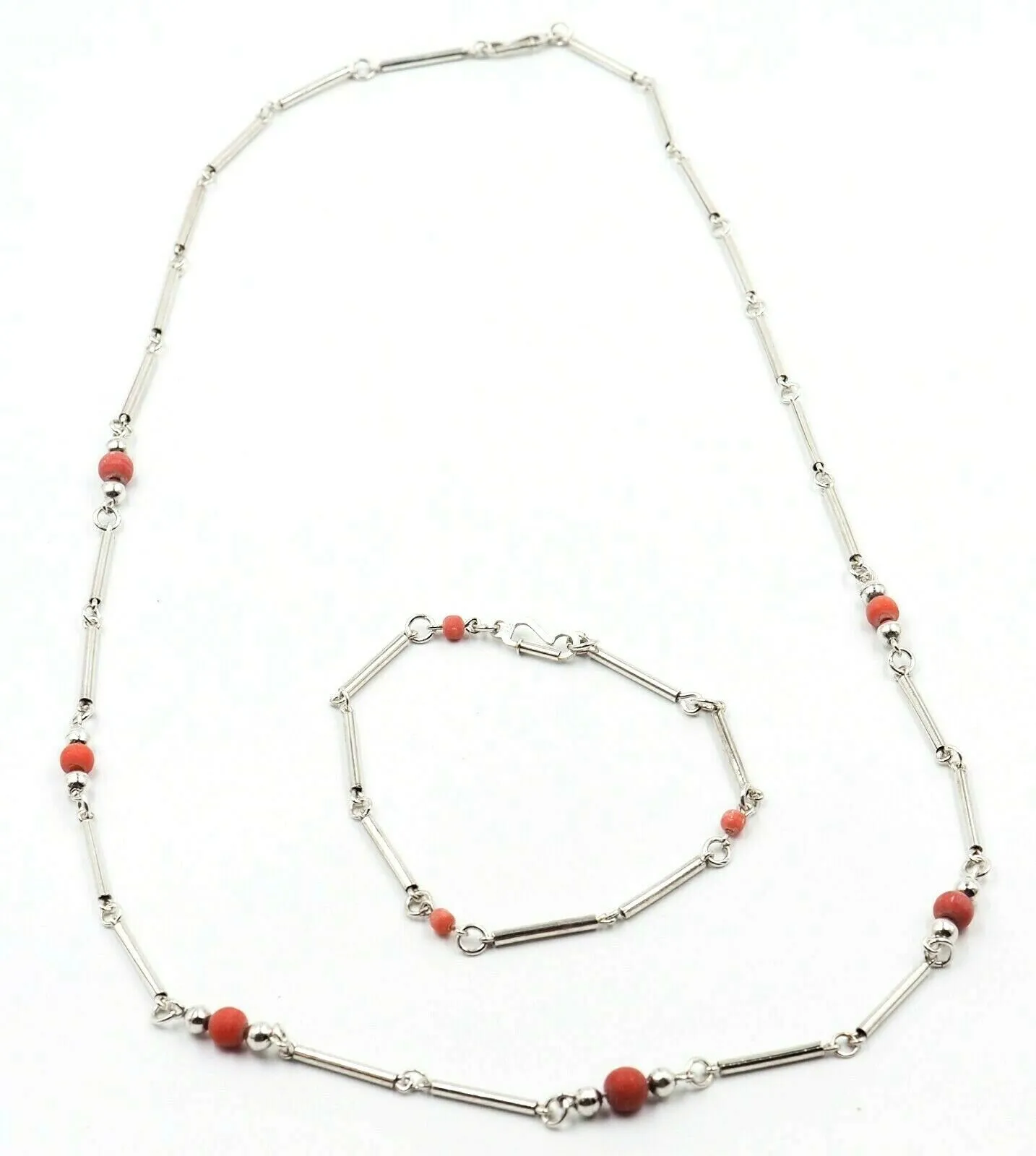 Coral & 925 Sterling Silver Necklace & Bracelet Set