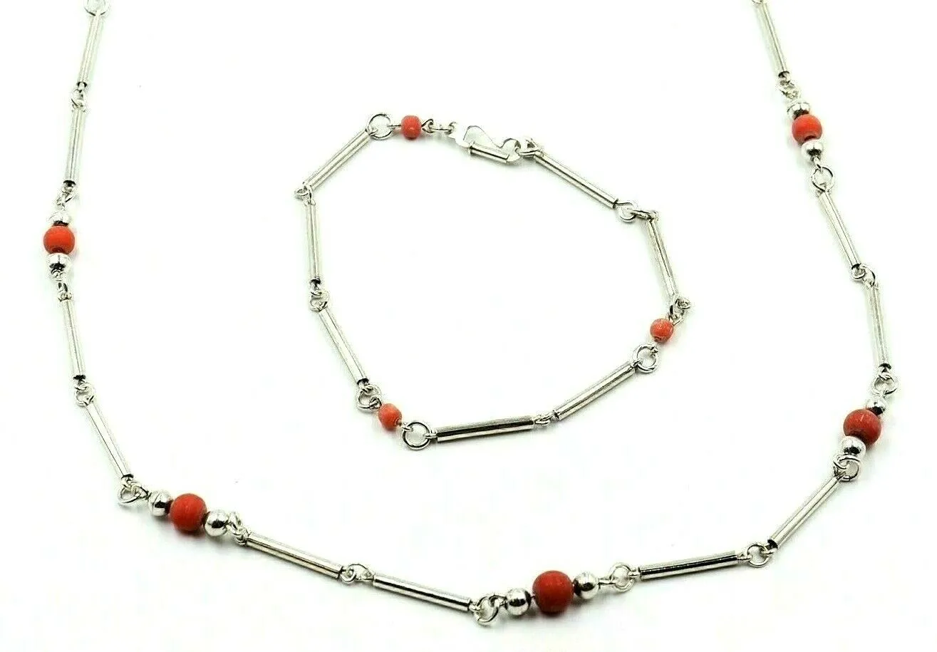 Coral & 925 Sterling Silver Necklace & Bracelet Set