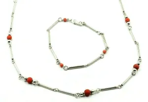 Coral & 925 Sterling Silver Necklace & Bracelet Set