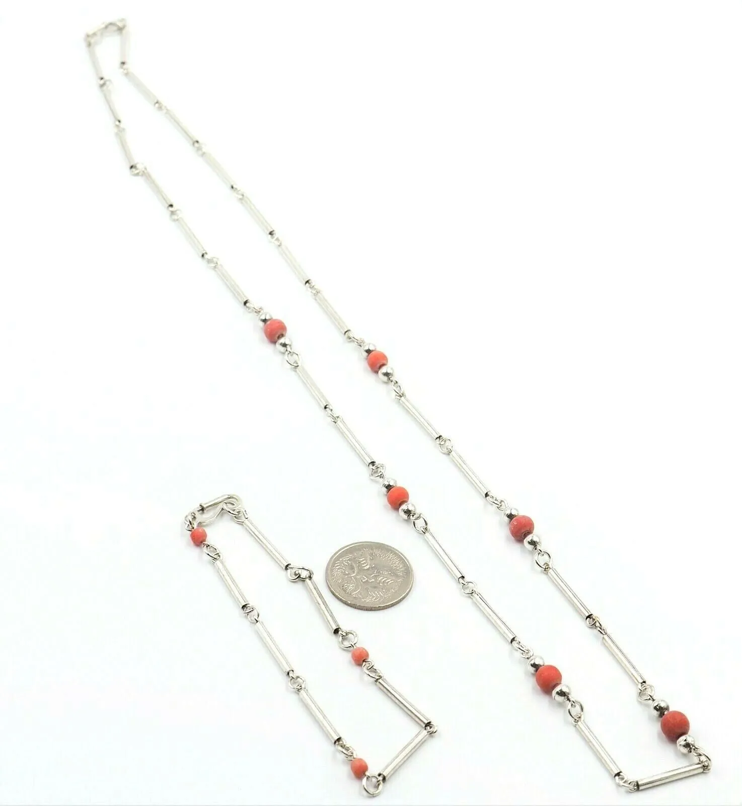 Coral & 925 Sterling Silver Necklace & Bracelet Set