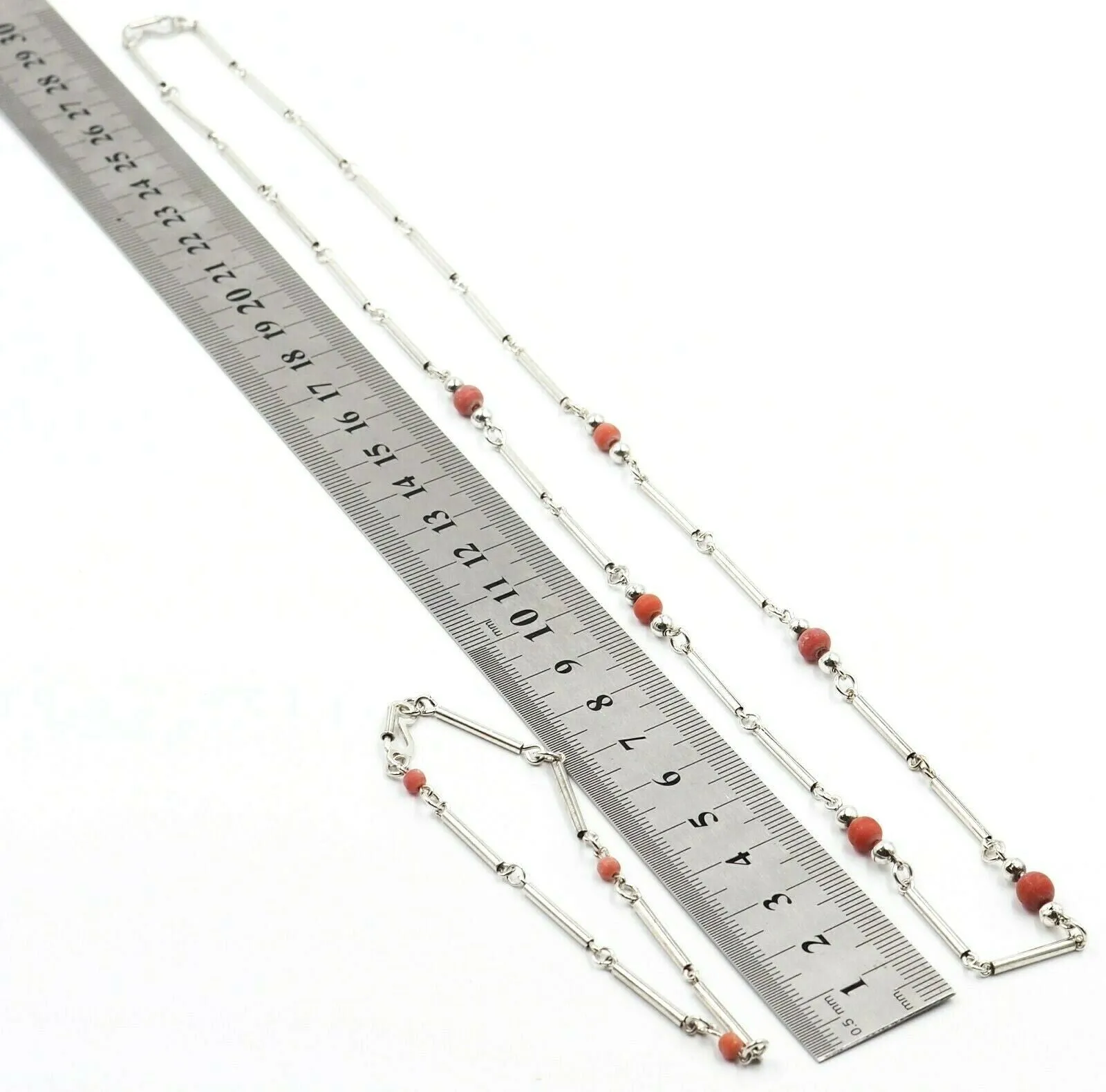 Coral & 925 Sterling Silver Necklace & Bracelet Set