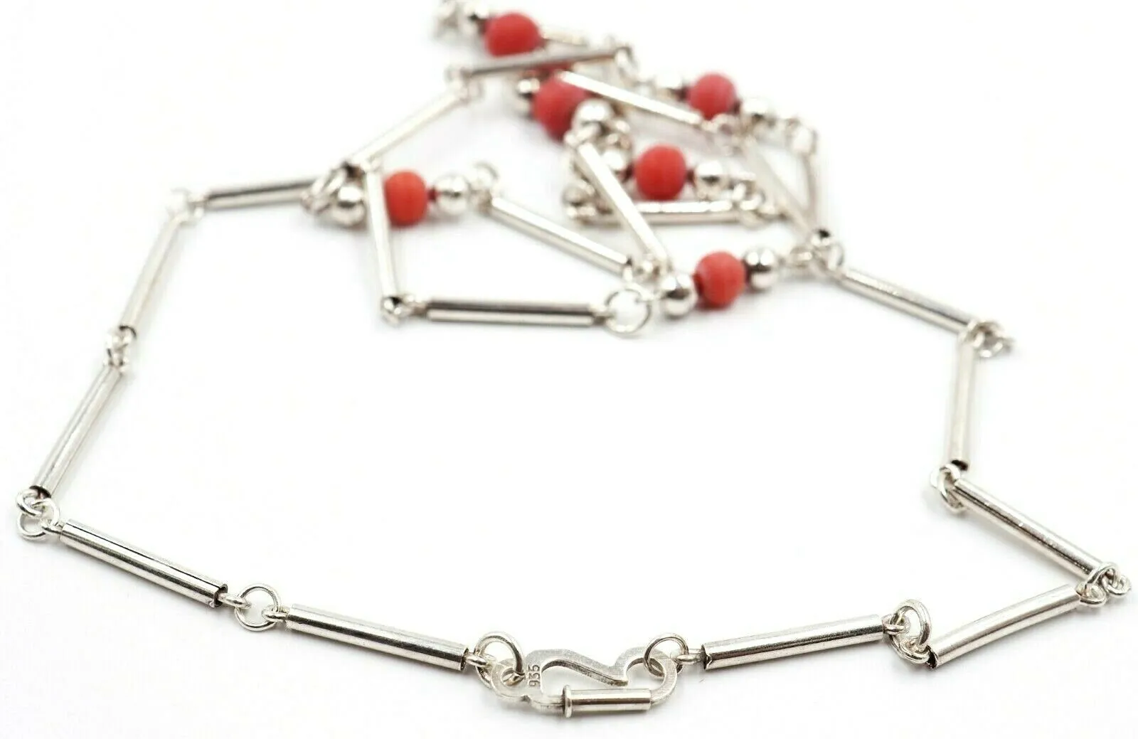 Coral & 925 Sterling Silver Necklace & Bracelet Set