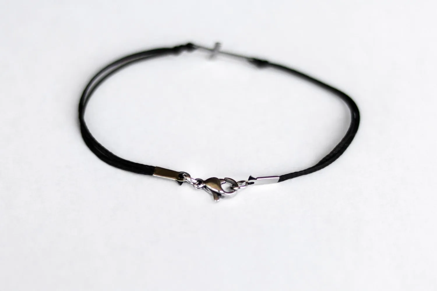 Cross bracelet, waterproof bracelet, stainless steel silver cross charm, christian catholic jewelry, black cord, gift for her, custom size