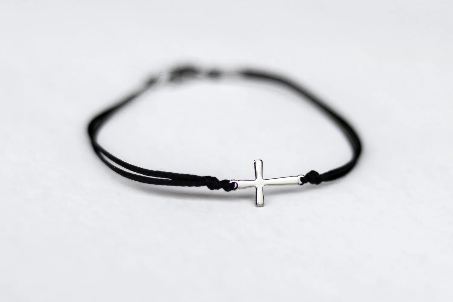 Cross bracelet, waterproof bracelet, stainless steel silver cross charm, christian catholic jewelry, black cord, gift for her, custom size