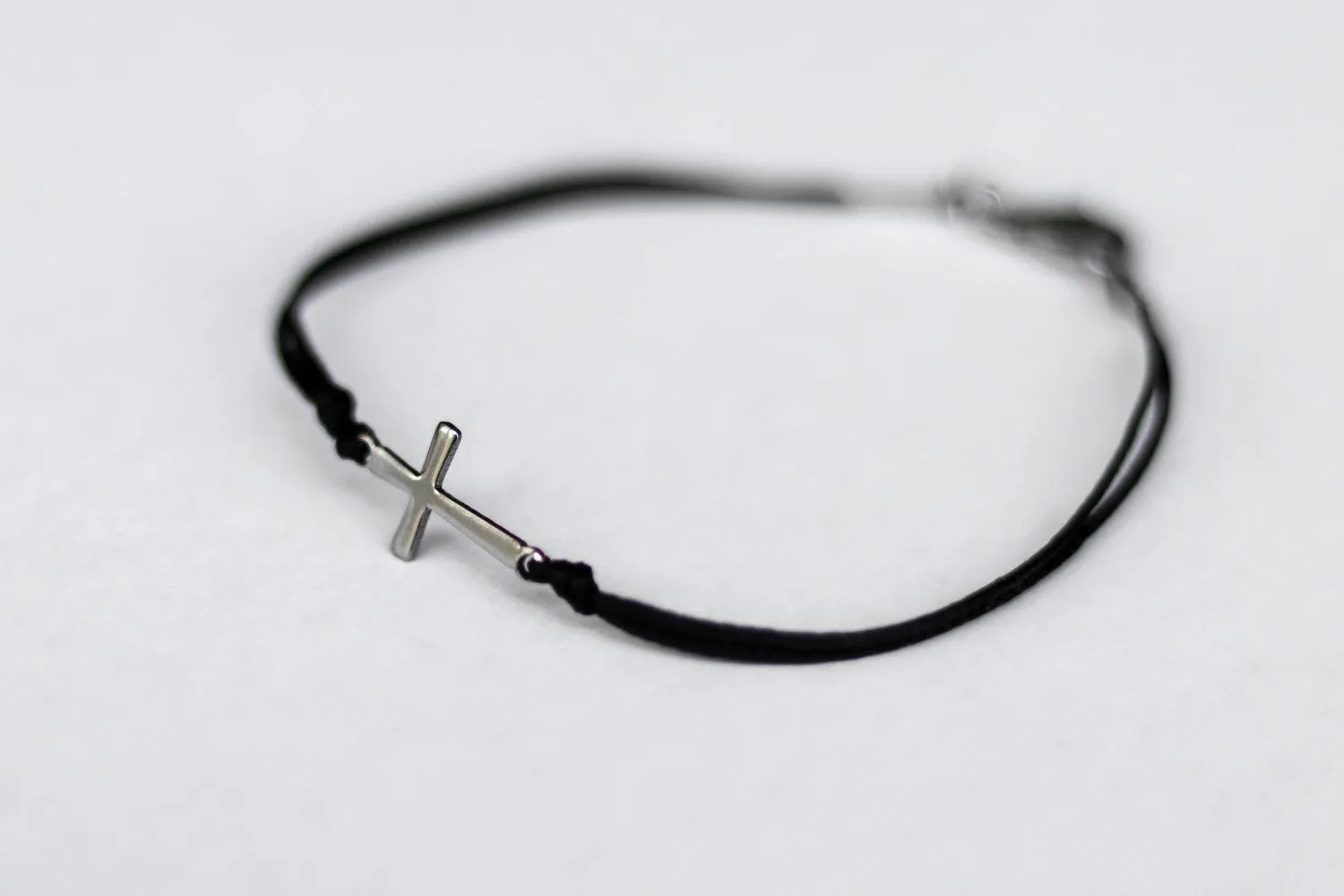 Cross bracelet, waterproof bracelet, stainless steel silver cross charm, christian catholic jewelry, black cord, gift for her, custom size