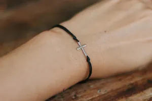 Cross bracelet, waterproof bracelet, stainless steel silver cross charm, christian catholic jewelry, black cord, gift for her, custom size