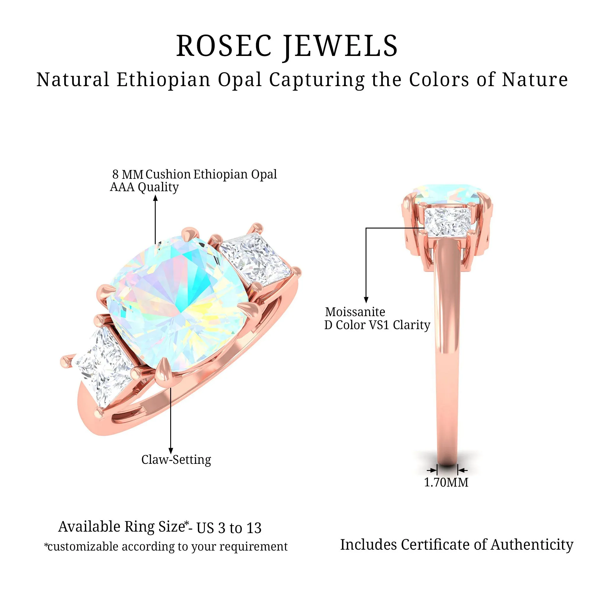 Cushion Ethiopian Opal Solitaire Engagement Ring with Princess Cut Moissanite