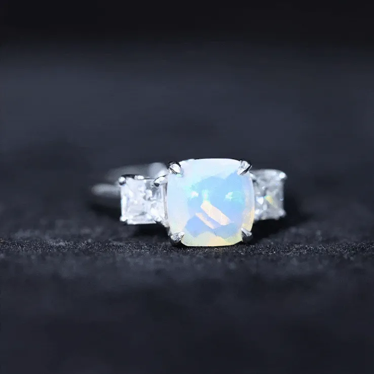 Cushion Ethiopian Opal Solitaire Engagement Ring with Princess Cut Moissanite