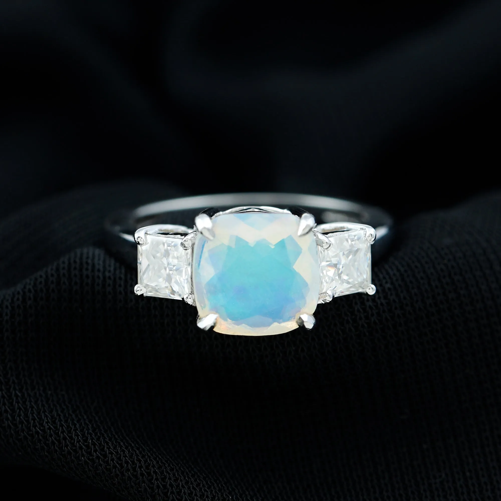 Cushion Ethiopian Opal Solitaire Engagement Ring with Princess Cut Moissanite