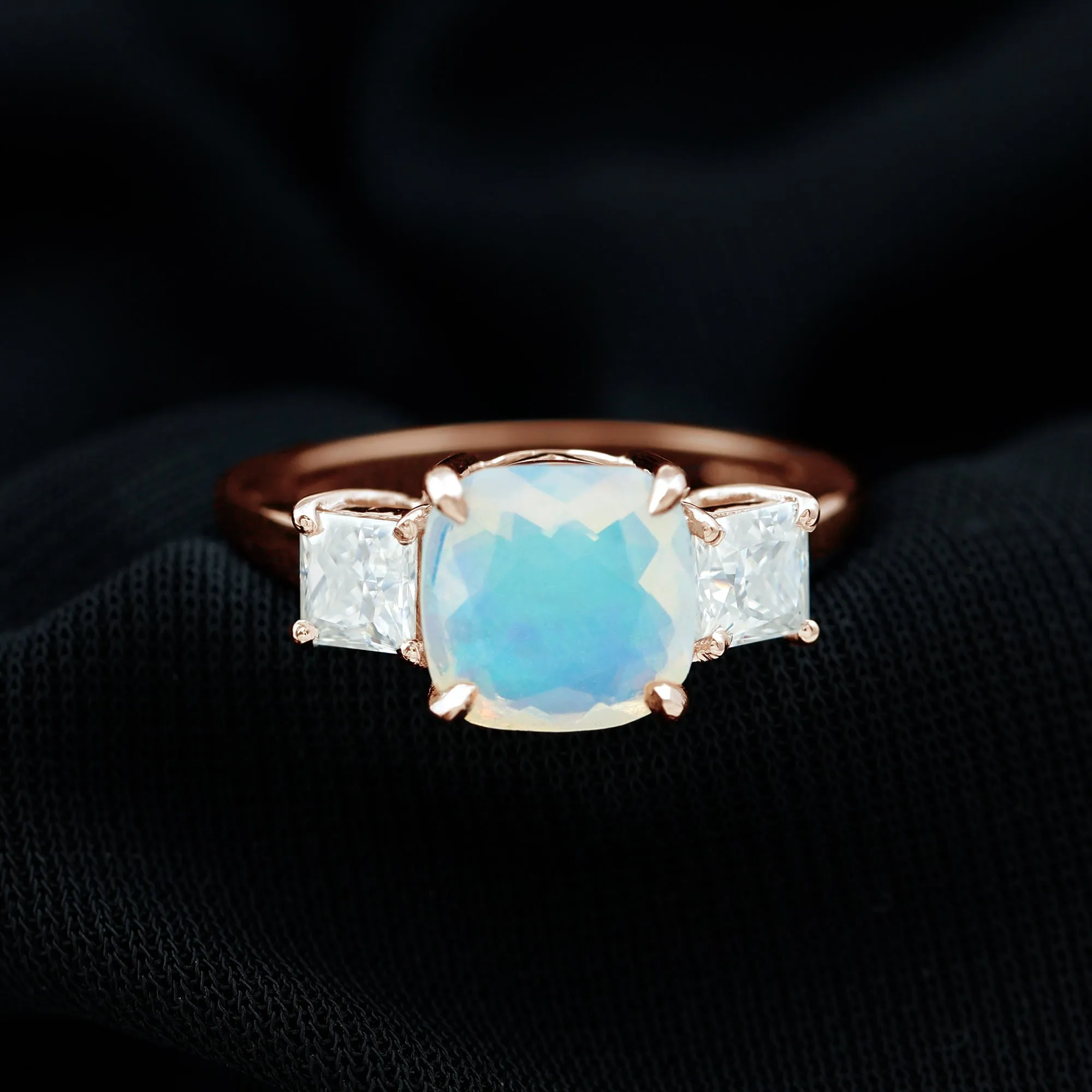 Cushion Ethiopian Opal Solitaire Engagement Ring with Princess Cut Moissanite