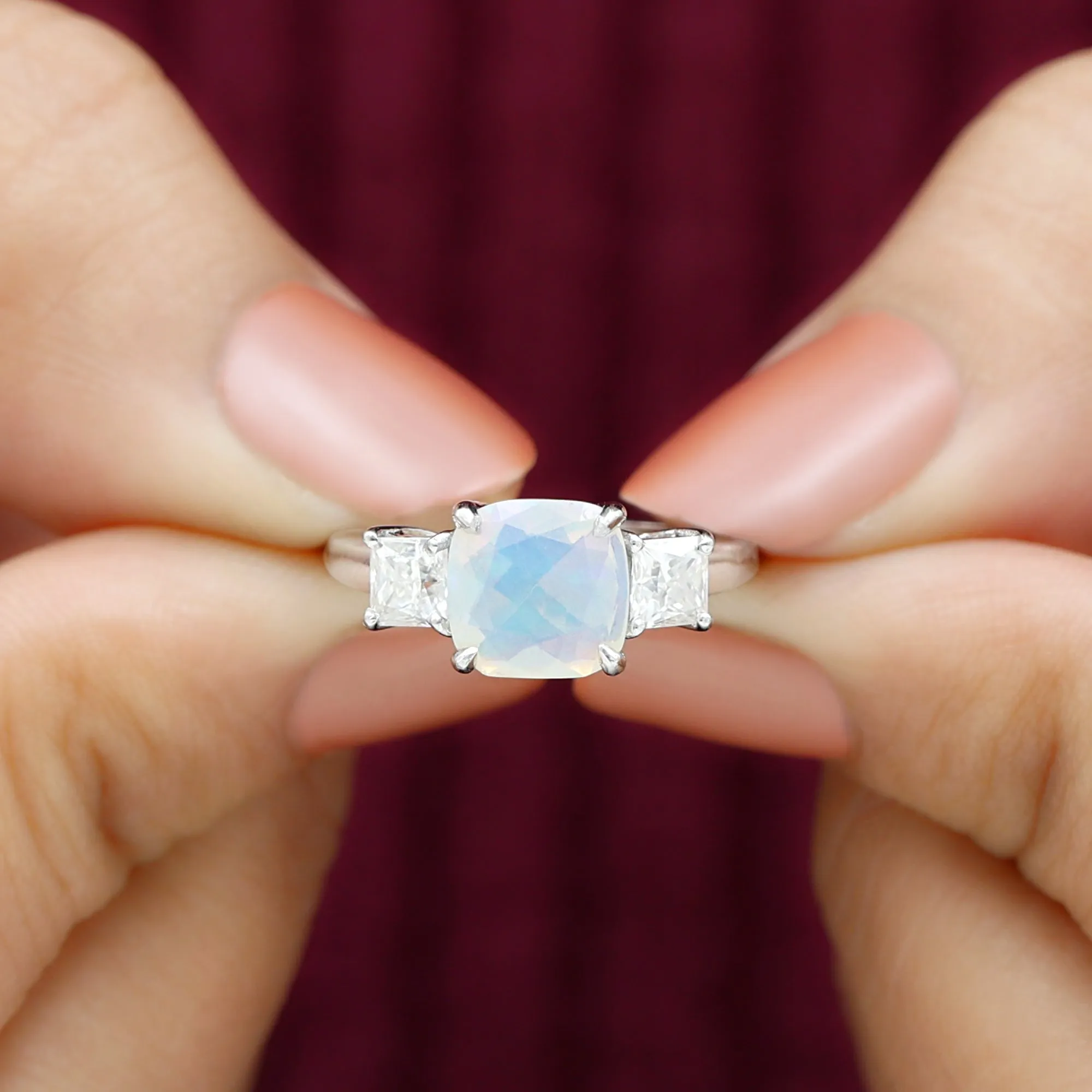 Cushion Ethiopian Opal Solitaire Engagement Ring with Princess Cut Moissanite