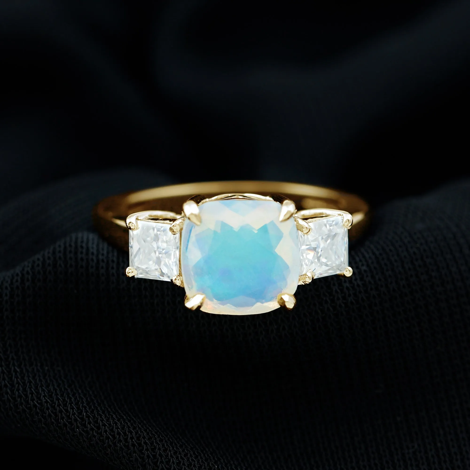 Cushion Ethiopian Opal Solitaire Engagement Ring with Princess Cut Moissanite