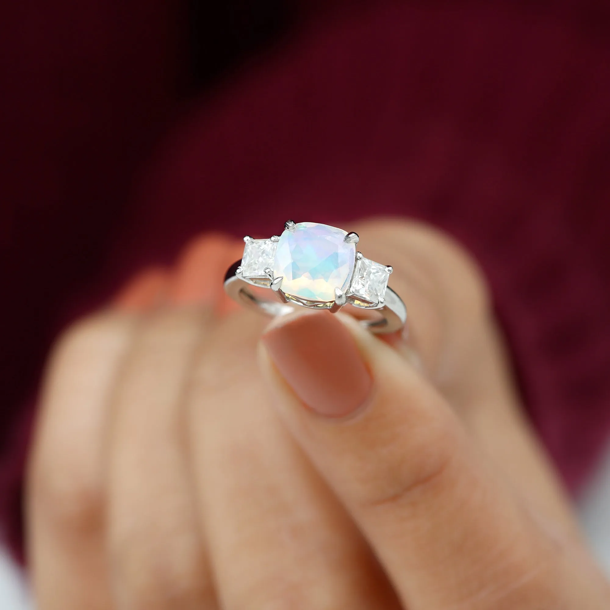 Cushion Ethiopian Opal Solitaire Engagement Ring with Princess Cut Moissanite