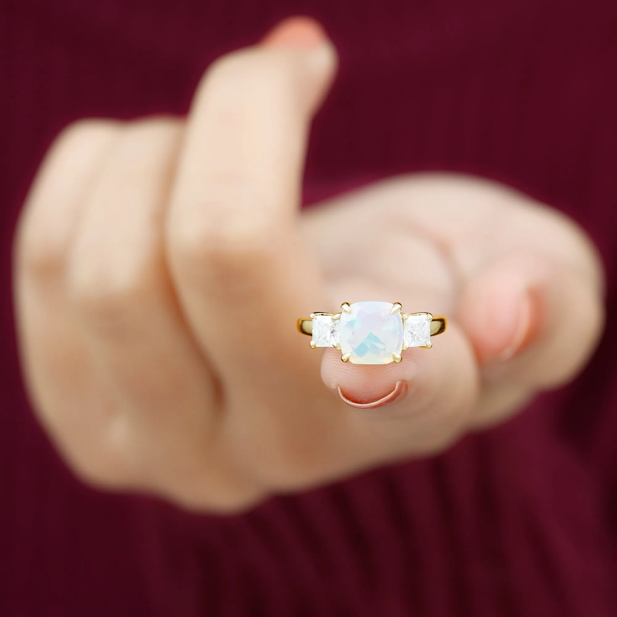 Cushion Ethiopian Opal Solitaire Engagement Ring with Princess Cut Moissanite