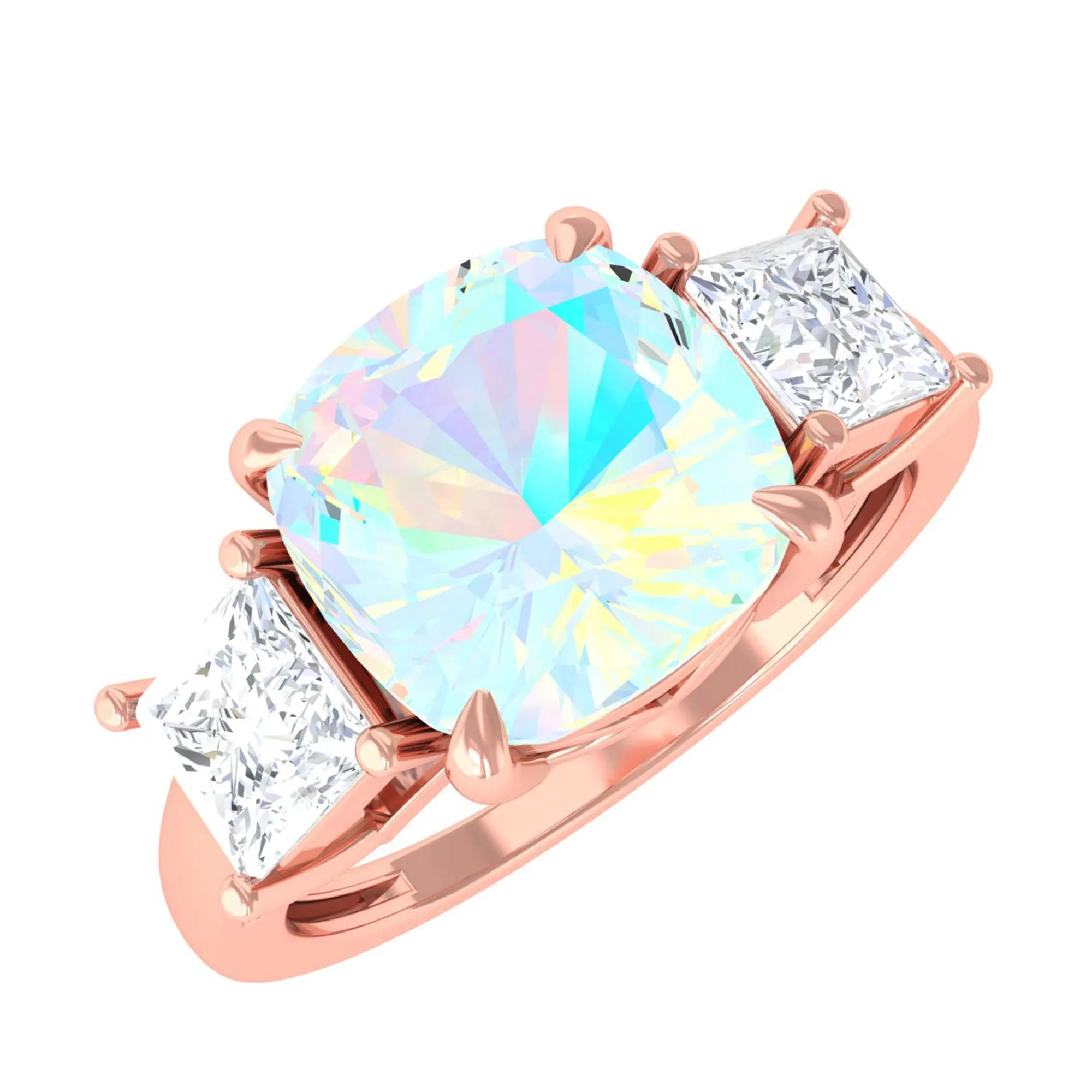 Cushion Ethiopian Opal Solitaire Engagement Ring with Princess Cut Moissanite