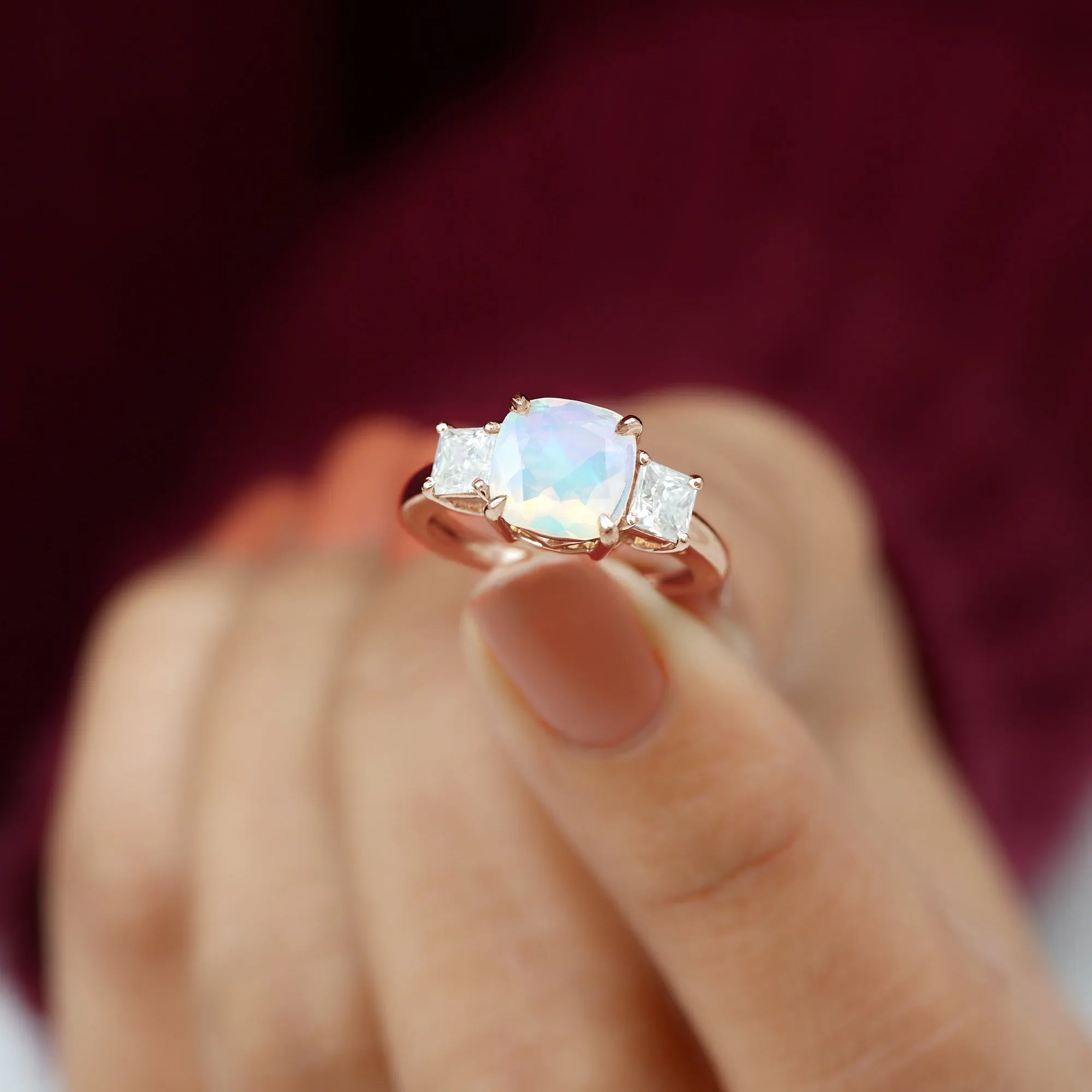 Cushion Ethiopian Opal Solitaire Engagement Ring with Princess Cut Moissanite