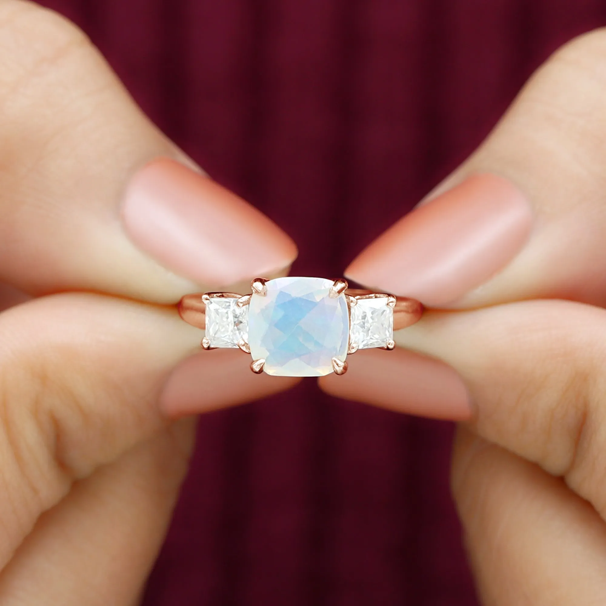Cushion Ethiopian Opal Solitaire Engagement Ring with Princess Cut Moissanite